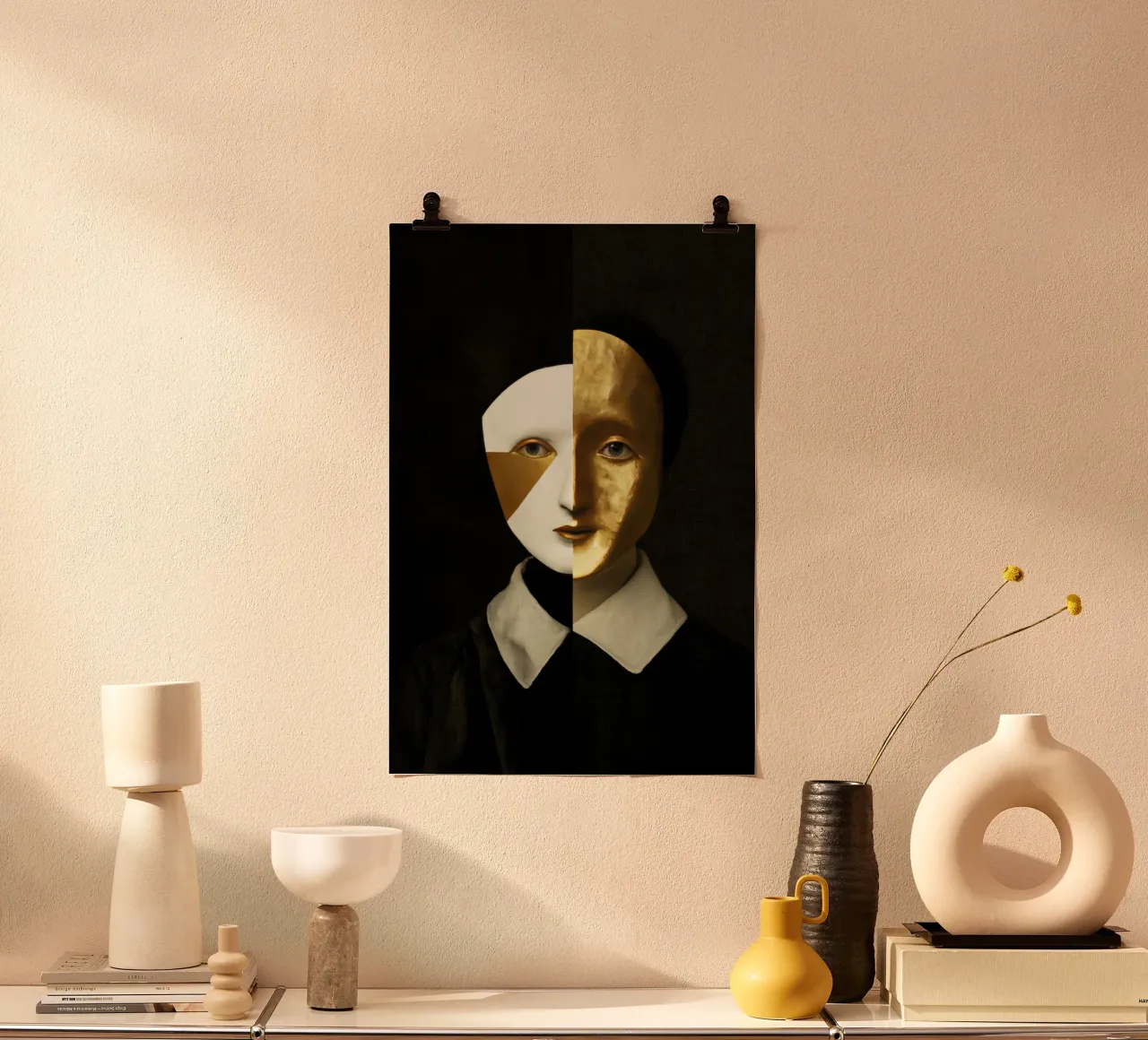 Ritratto astratto di Arlecchino femmina con texture dorata poster con telaio in plastica da Modern Muse