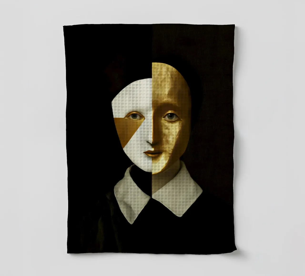 Ritratto astratto di Arlecchino femmina con texture dorata canovaccio da cucina da Modern Muse