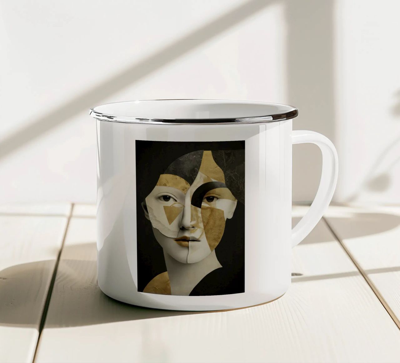 Abstract Gold Collage Portrait with Geometric Fragments enamel mug by Modern Muse