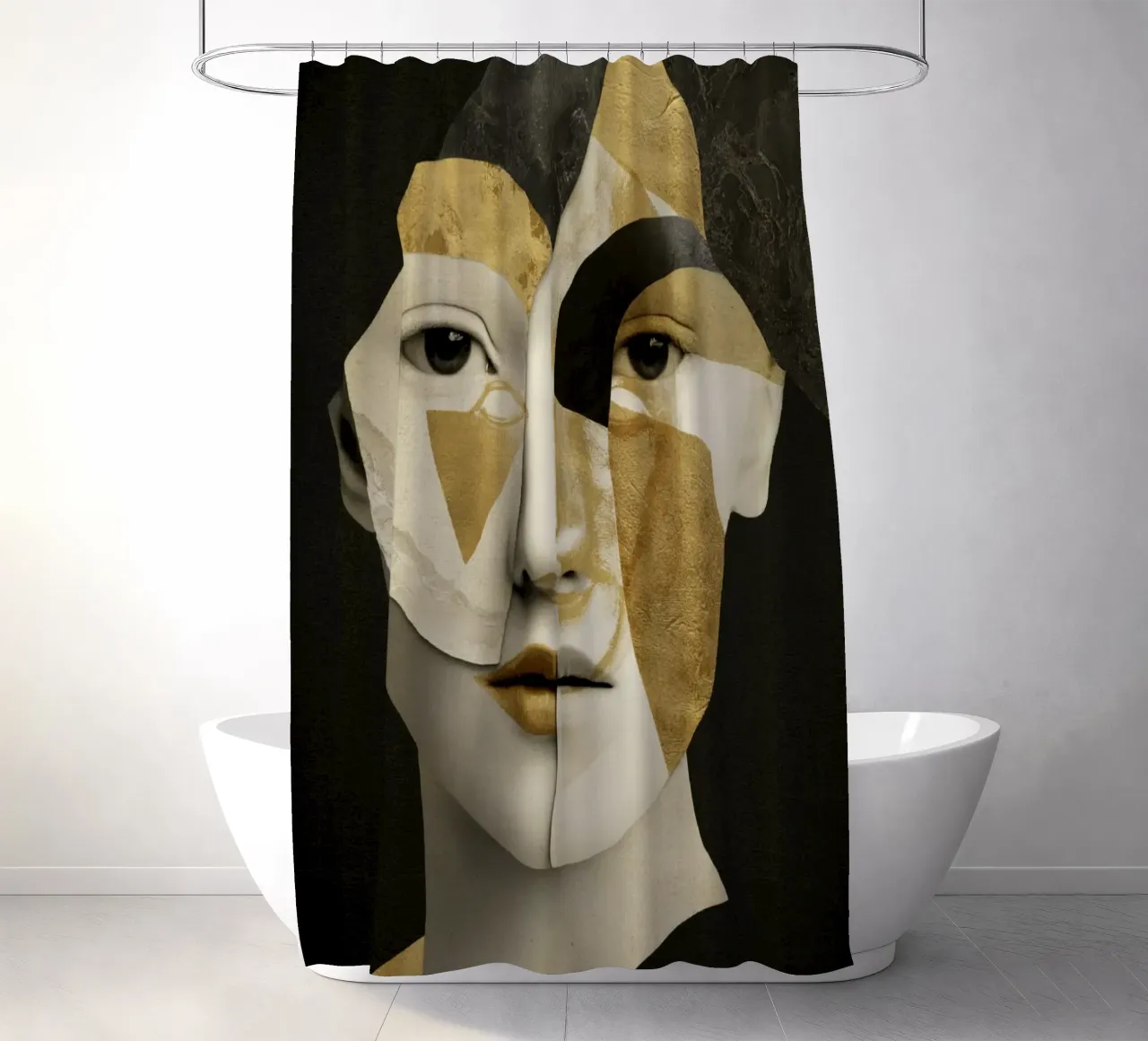 Abstraktes Gold-Collage-Portrait mit geometrischen Fragmenten Duschvorhang von Modern Muse