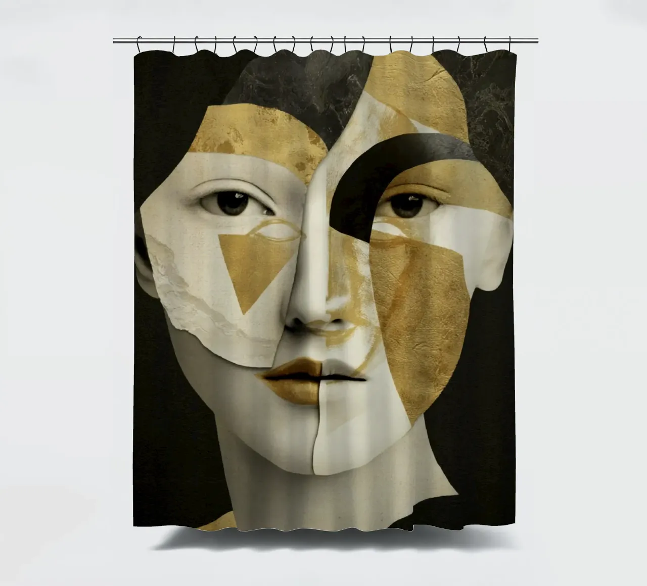 Abstraktes Gold-Collage-Portrait mit geometrischen Fragmenten Duschvorhang von Modern Muse
