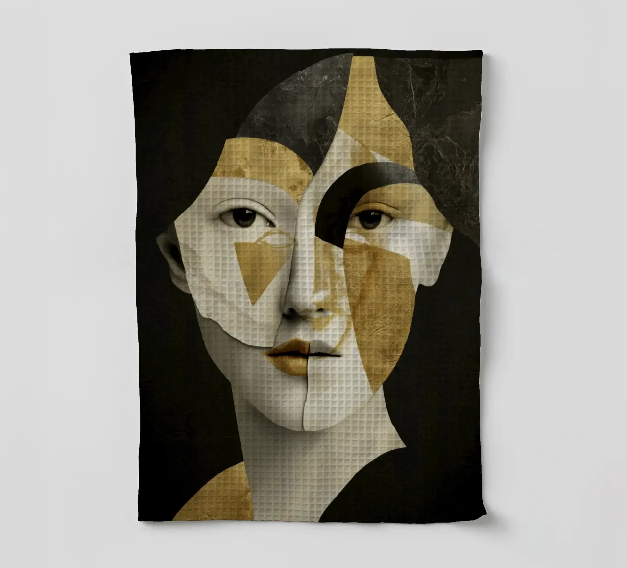 Portrait abstrait en collage d'or avec des fragments géométriques torchon de Modern Muse