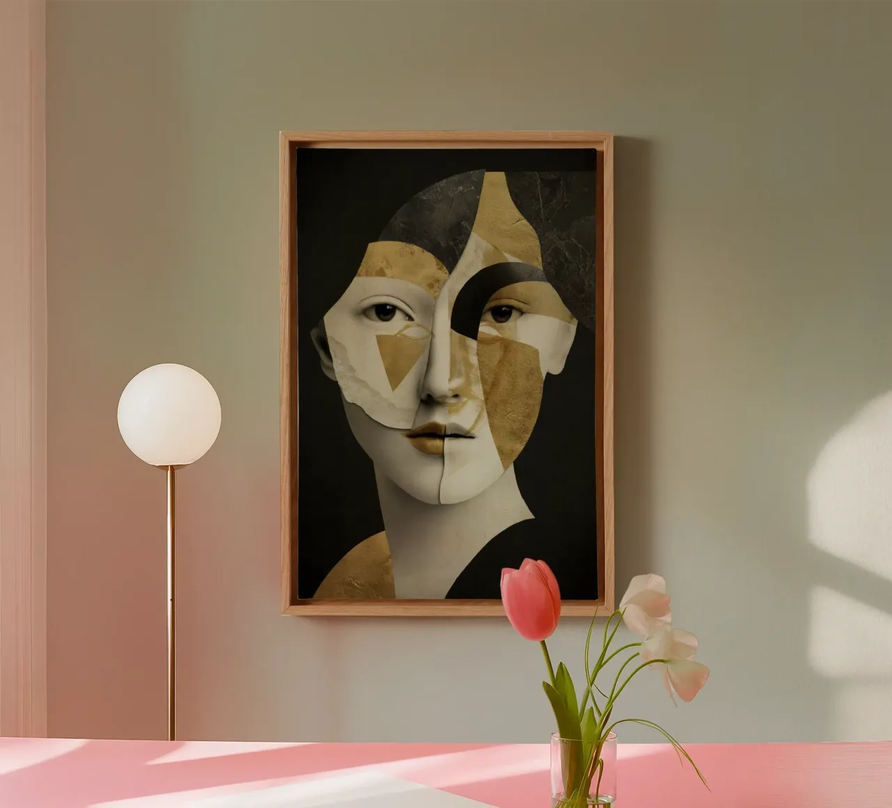 Ritratto astratto in oro a collage con frammenti geometrici tela da Modern Muse