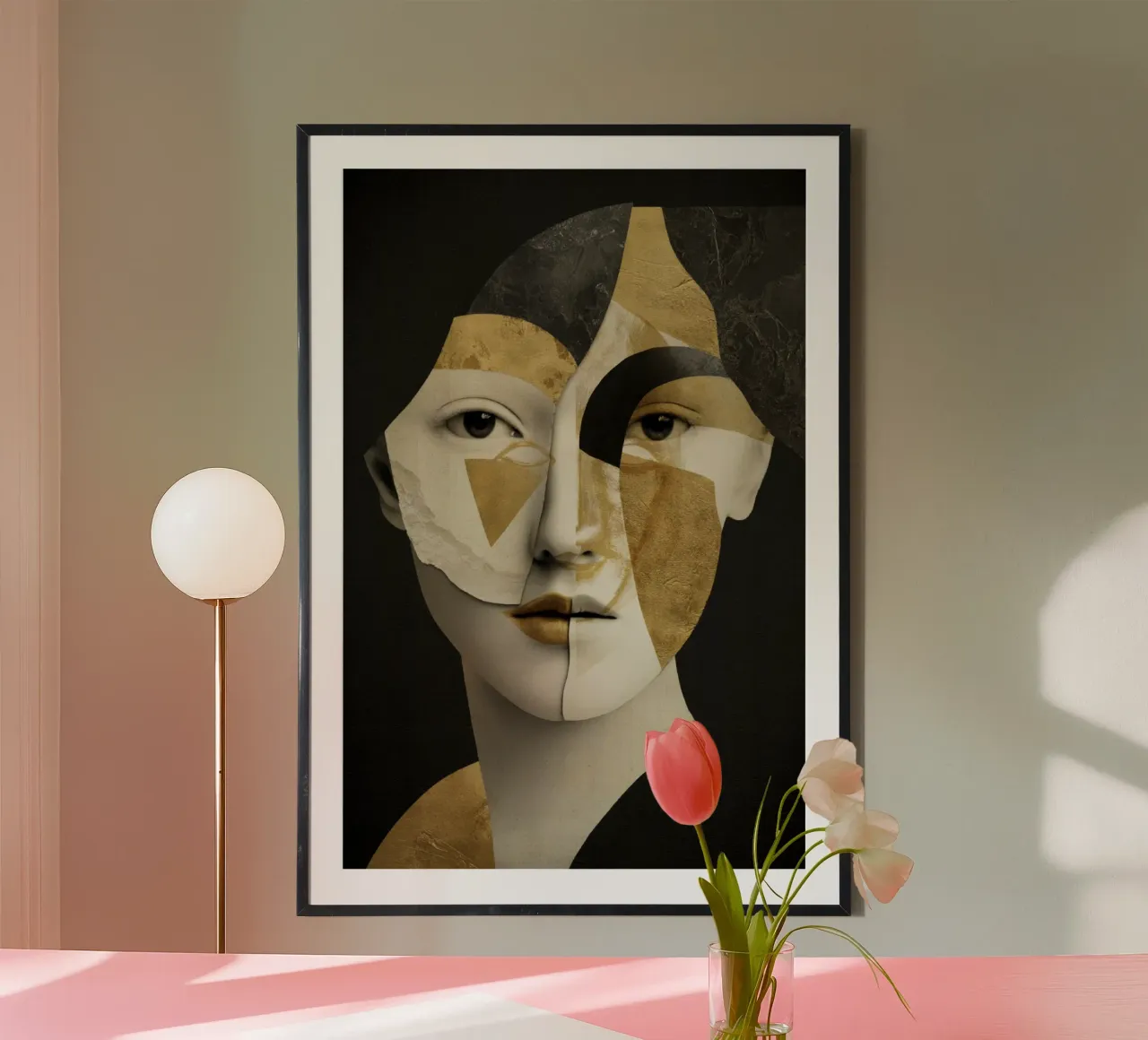 Ritratto astratto in oro a collage con frammenti geometrici carta hahnemühle da Modern Muse