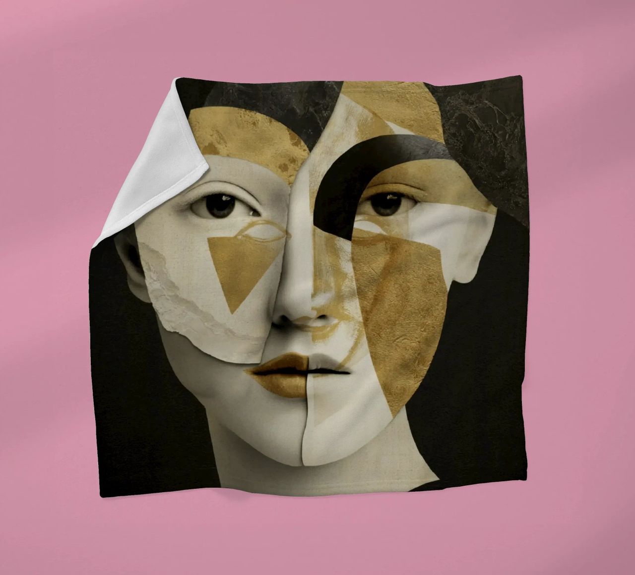 Abstract Gold Collage Portrait with Geometric Fragments fleece blanket by Modern Muse