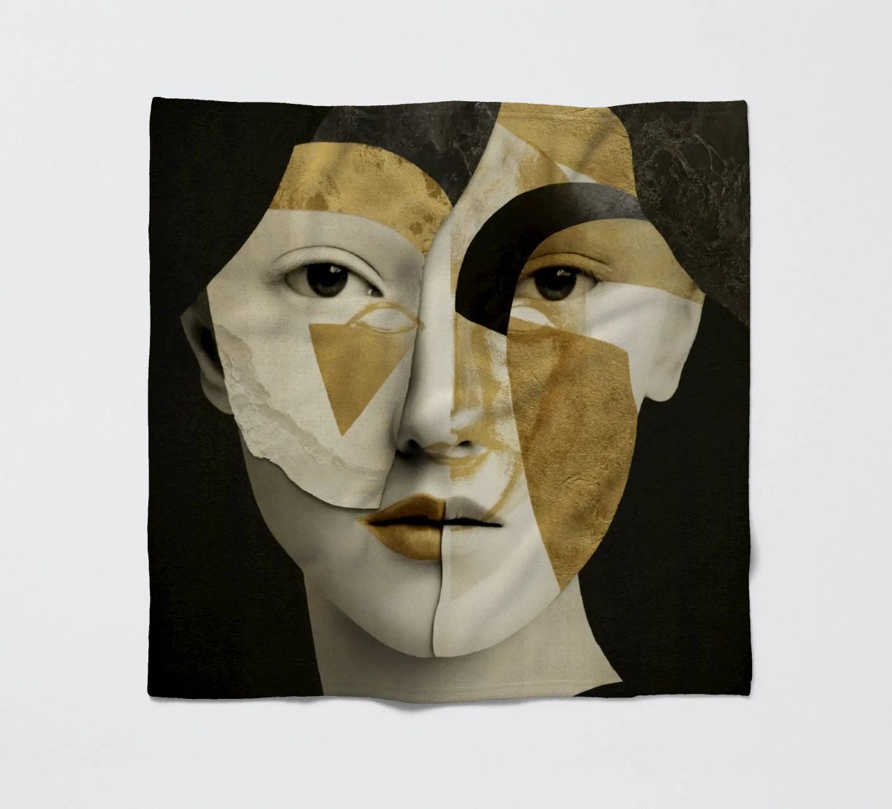 Abstract Gold Collage Portrait with Geometric Fragments fleece blanket by Modern Muse