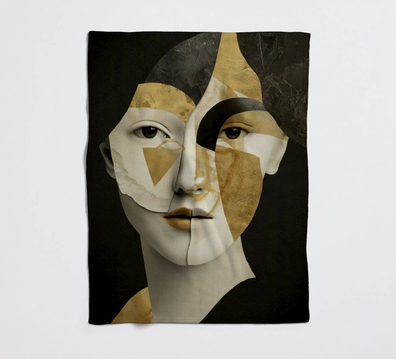 Abstract Gold Collage Portrait with Geometric Fragments fleece blanket by Modern Muse