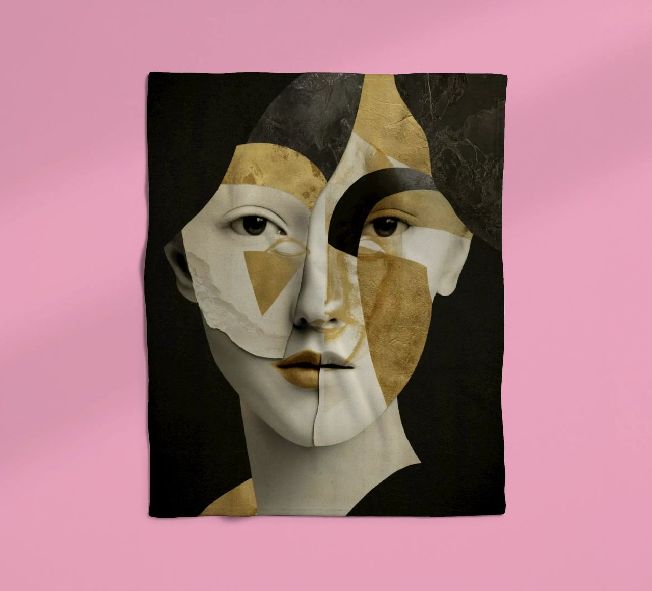 Abstract Gold Collage Portrait with Geometric Fragments fleece blanket by Modern Muse