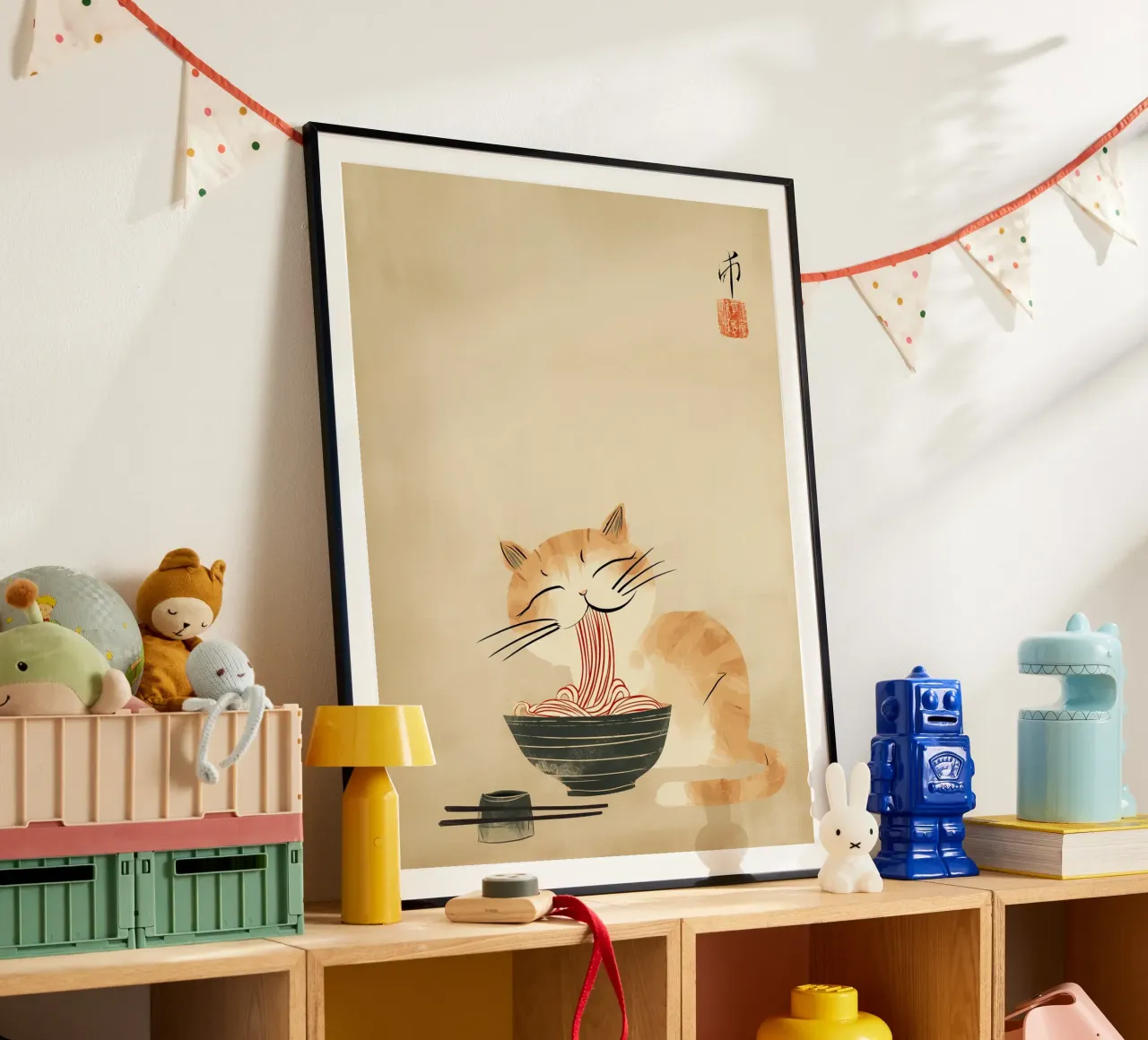 Gatto zen giapponese con tagliatelle di ramen poster con telaio in alluminio da Autofocus