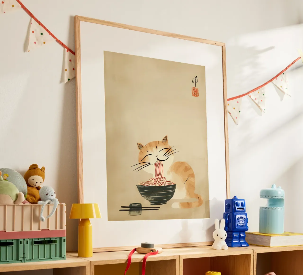 Gatto zen giapponese con tagliatelle di ramen poster con telaio in alluminio da Autofocus