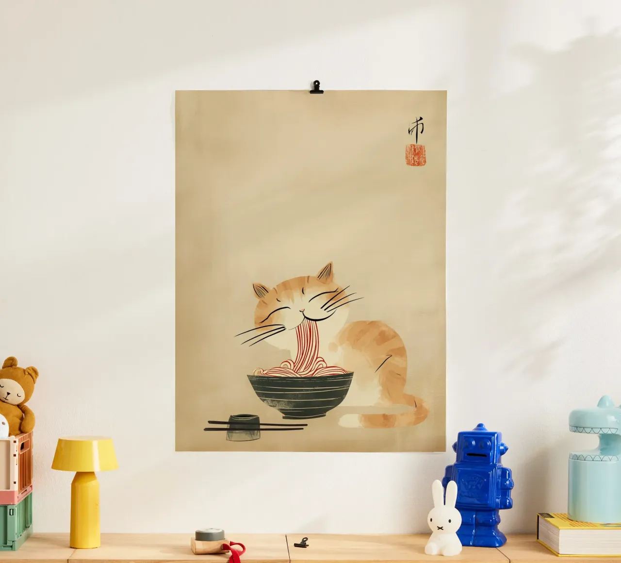 Gatto zen giapponese con tagliatelle di ramen poster con telaio in alluminio da Autofocus