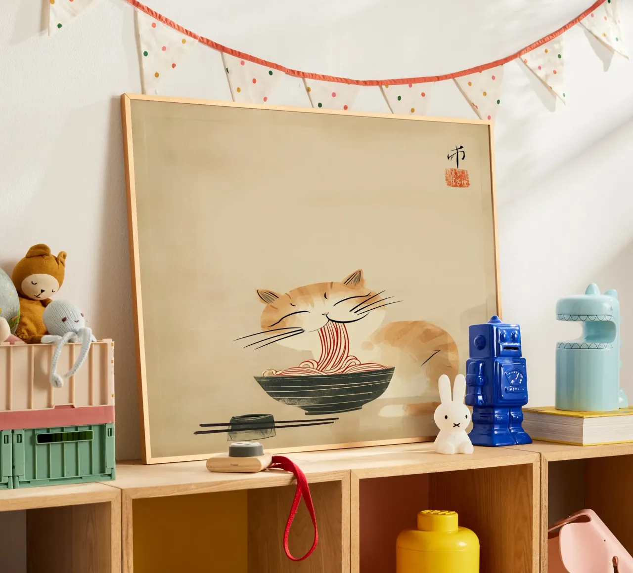 Gatto zen giapponese con tagliatelle di ramen poster con telaio in alluminio da Autofocus