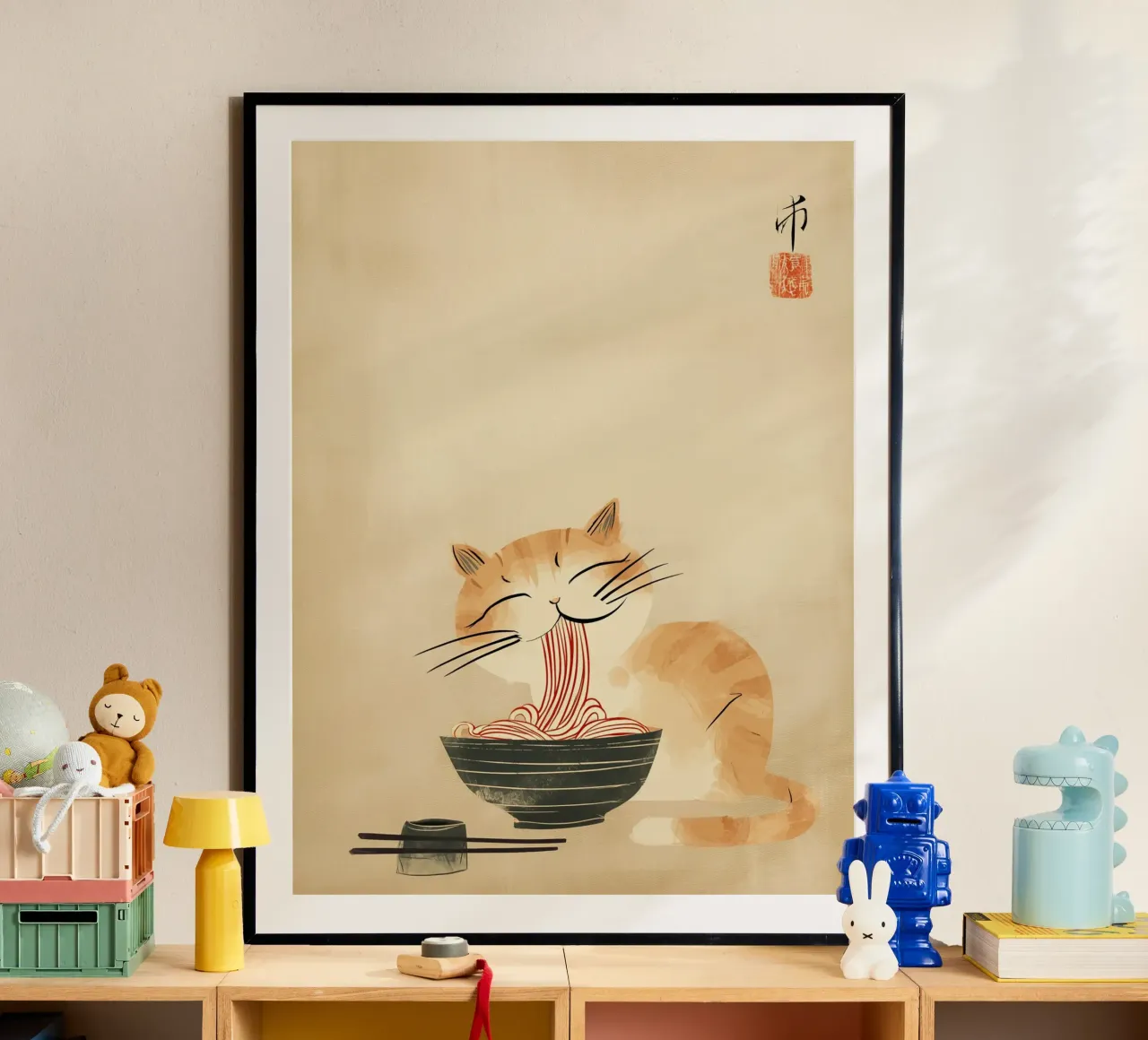 Gatto zen giapponese con tagliatelle di ramen poster con telaio in alluminio da Autofocus