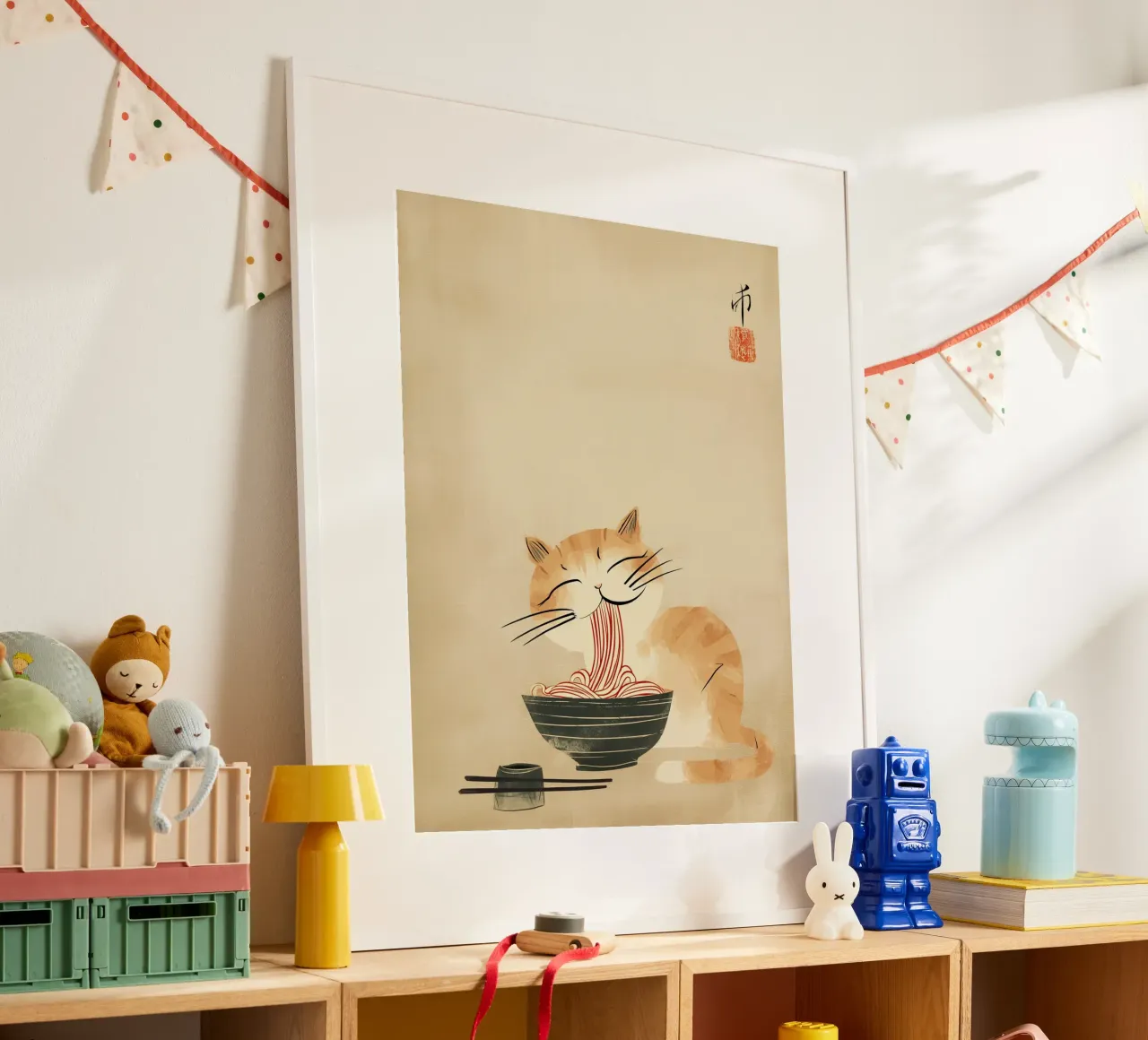 Gatto zen giapponese con tagliatelle di ramen poster con telaio in alluminio da Autofocus