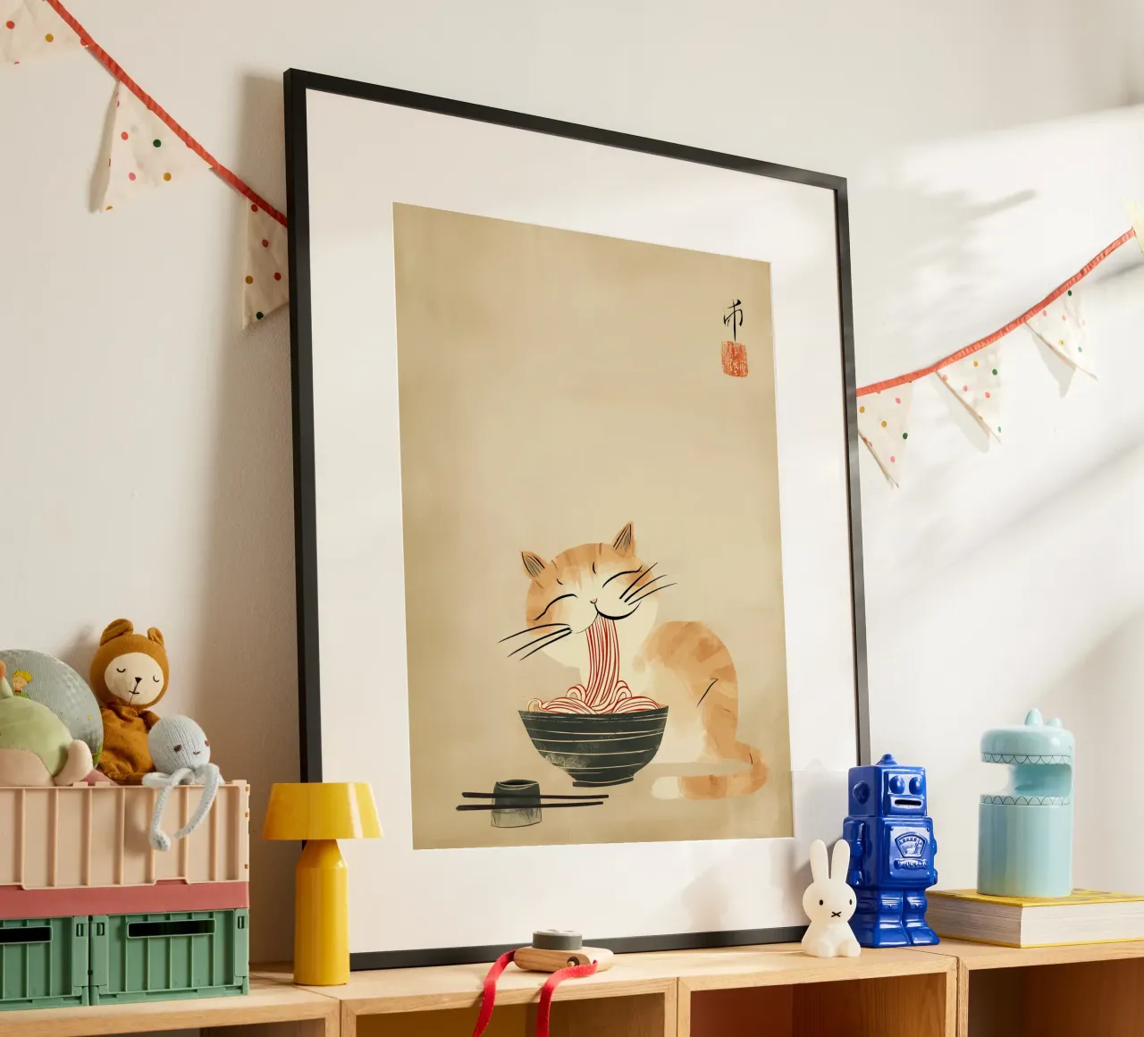 Gatto zen giapponese con tagliatelle di ramen poster con telaio in alluminio da Autofocus
