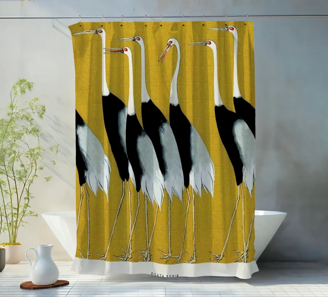 Korin - Red Crown Crane shower curtain by Vintage by JUNIQE