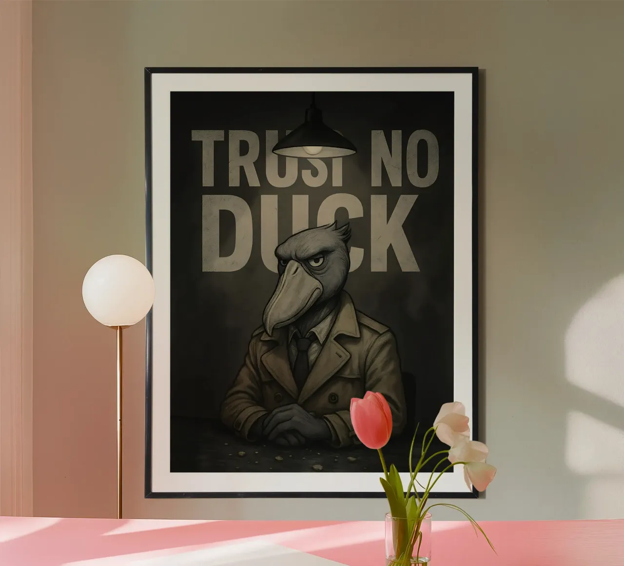 Divertente il meme della cicogna con il becco a scarpa poster con telaio in legno da Funny Humor Art