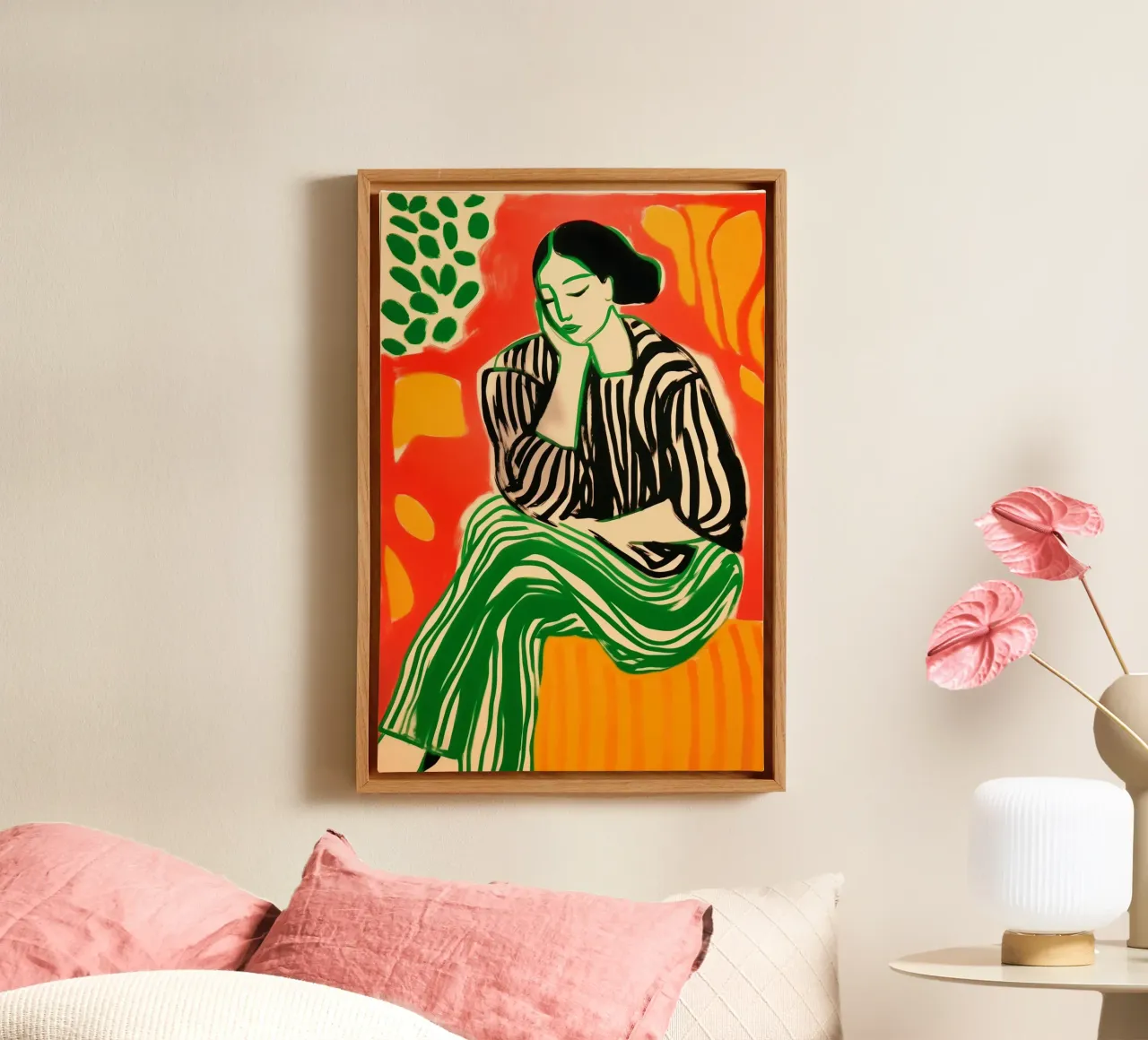 Rustende Matisse vrouw in streepdesign canvas met Baklijst van Autofocus