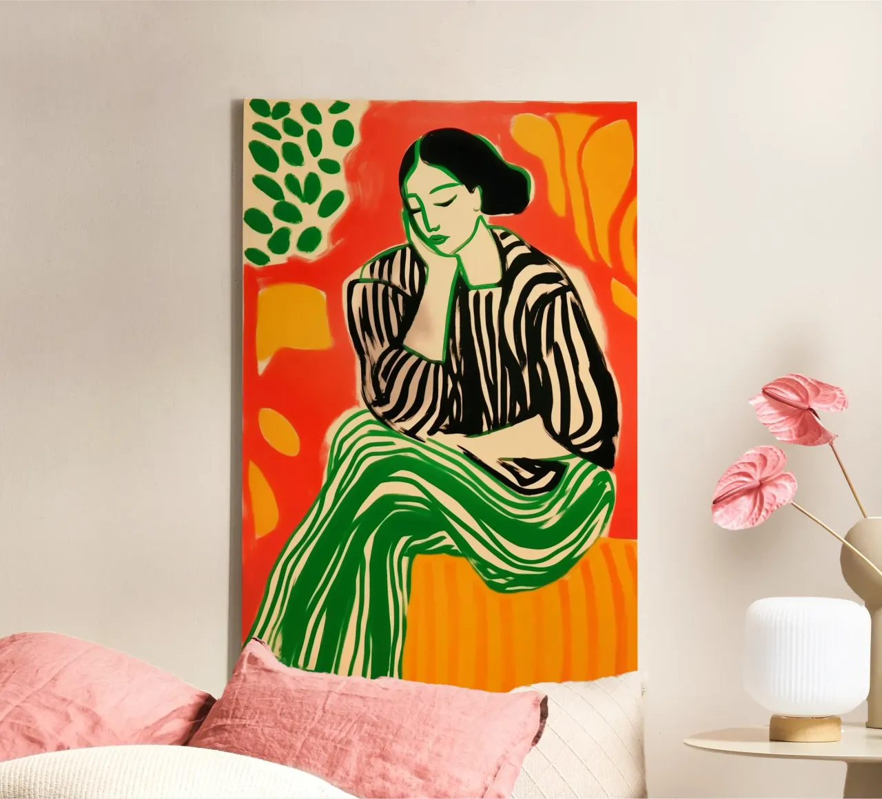 Rustende Matisse vrouw in streepdesign canvas met Baklijst van Autofocus