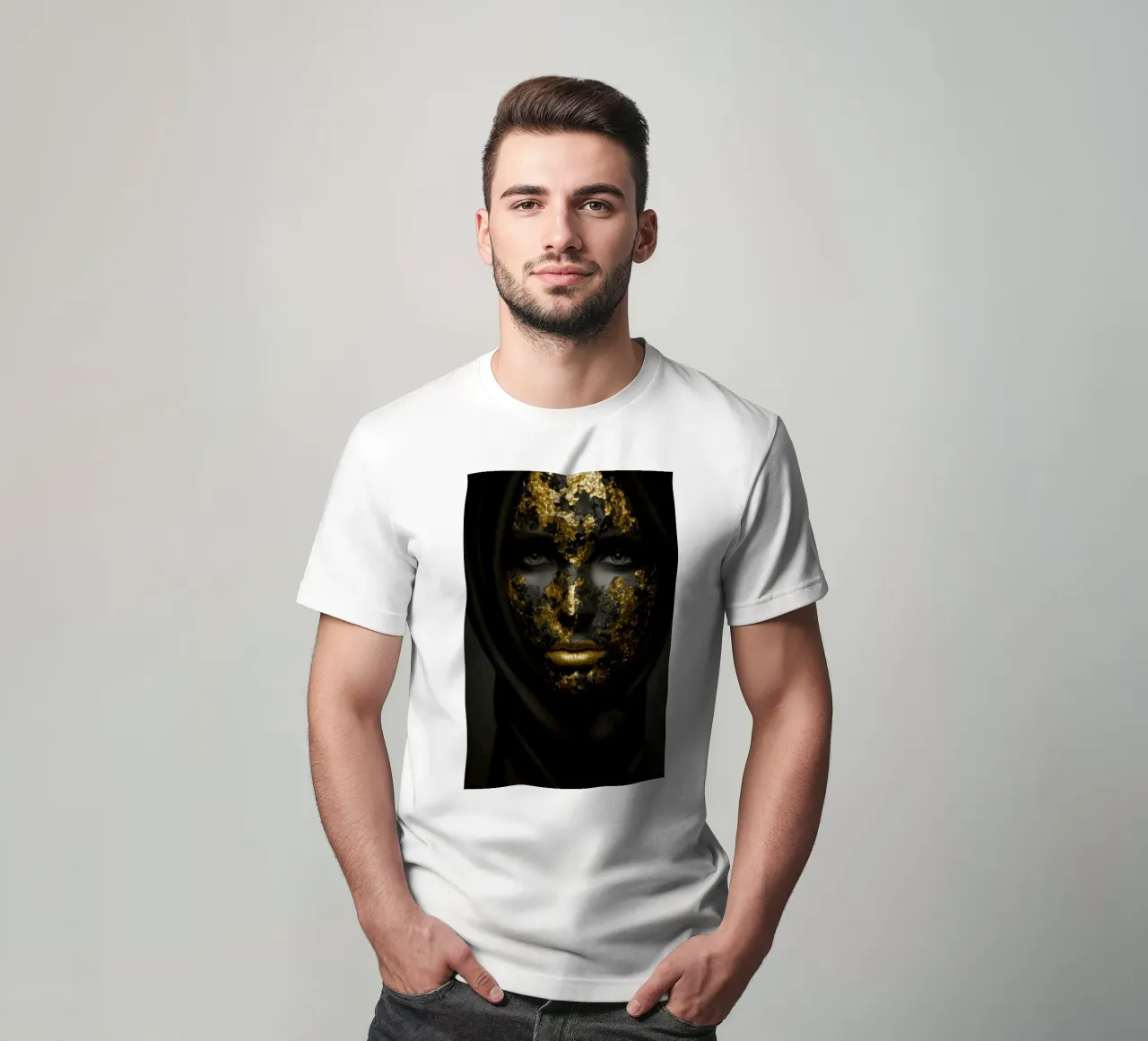 Illusione della maschera d'oro in un profondo contrasto monocromatico t-shirt da Modern Muse