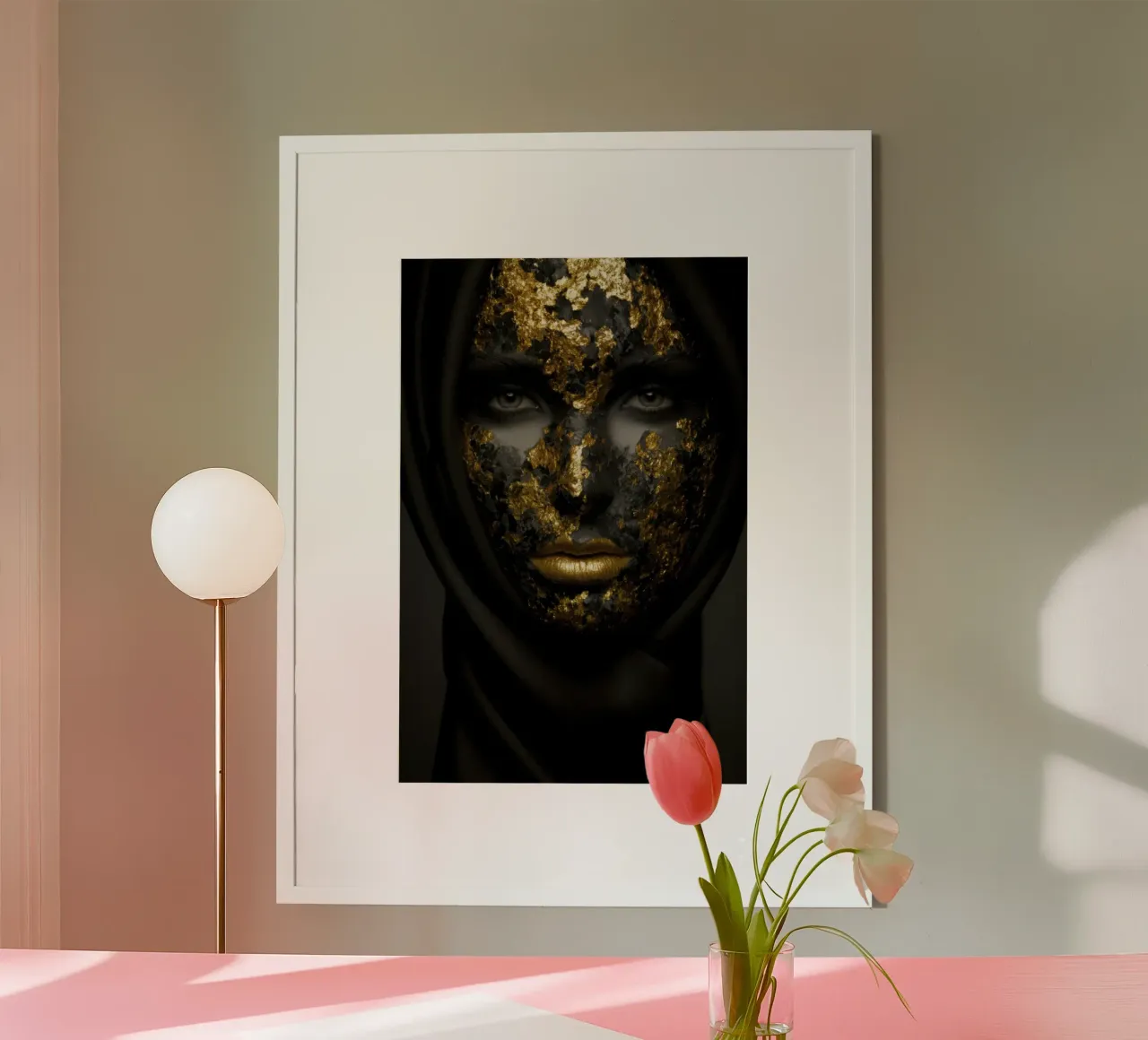 Illusione della maschera d'oro in un profondo contrasto monocromatico carta hahnemühle da Modern Muse