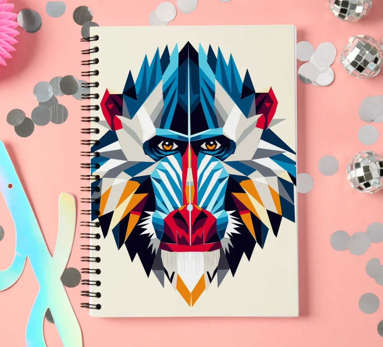 Geometric mandrill - Colourful monkey portrait in modern style spiral notebook by namosh