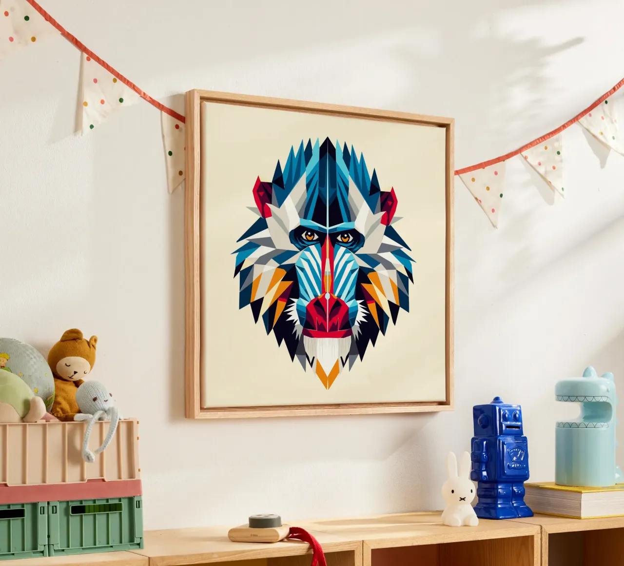 Geometric mandrill - Colourful monkey portrait in modern style canvas by namosh