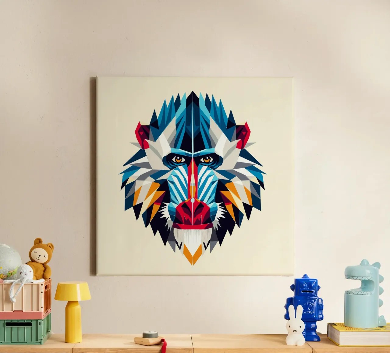 Geometric mandrill - Colourful monkey portrait in modern style canvas by namosh
