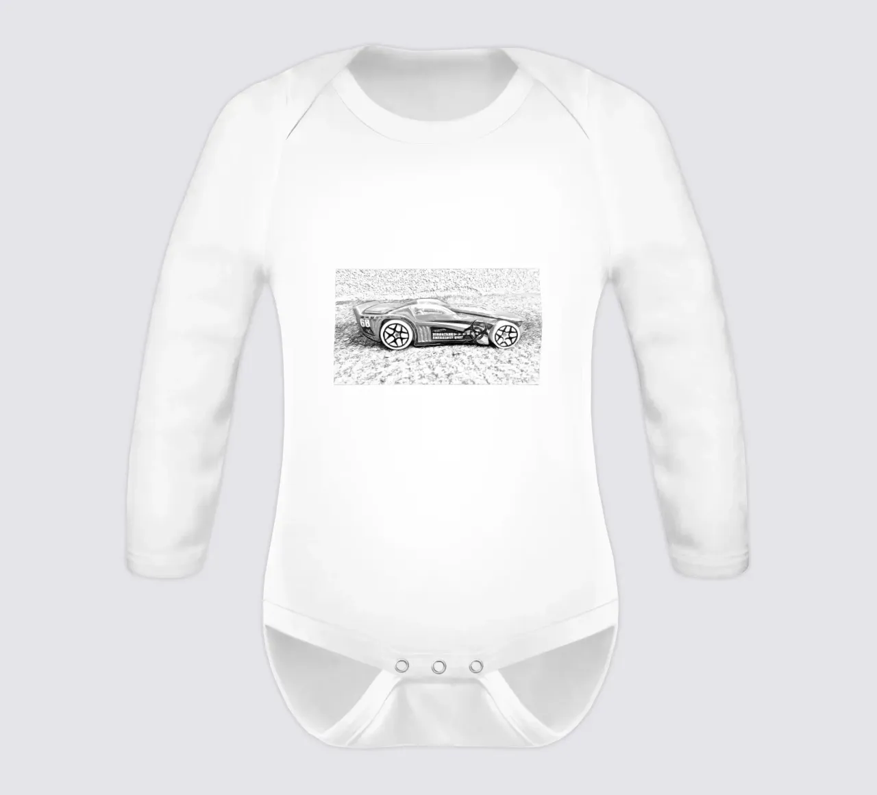 A car long-sleeve baby romper by Massimo Frascogna