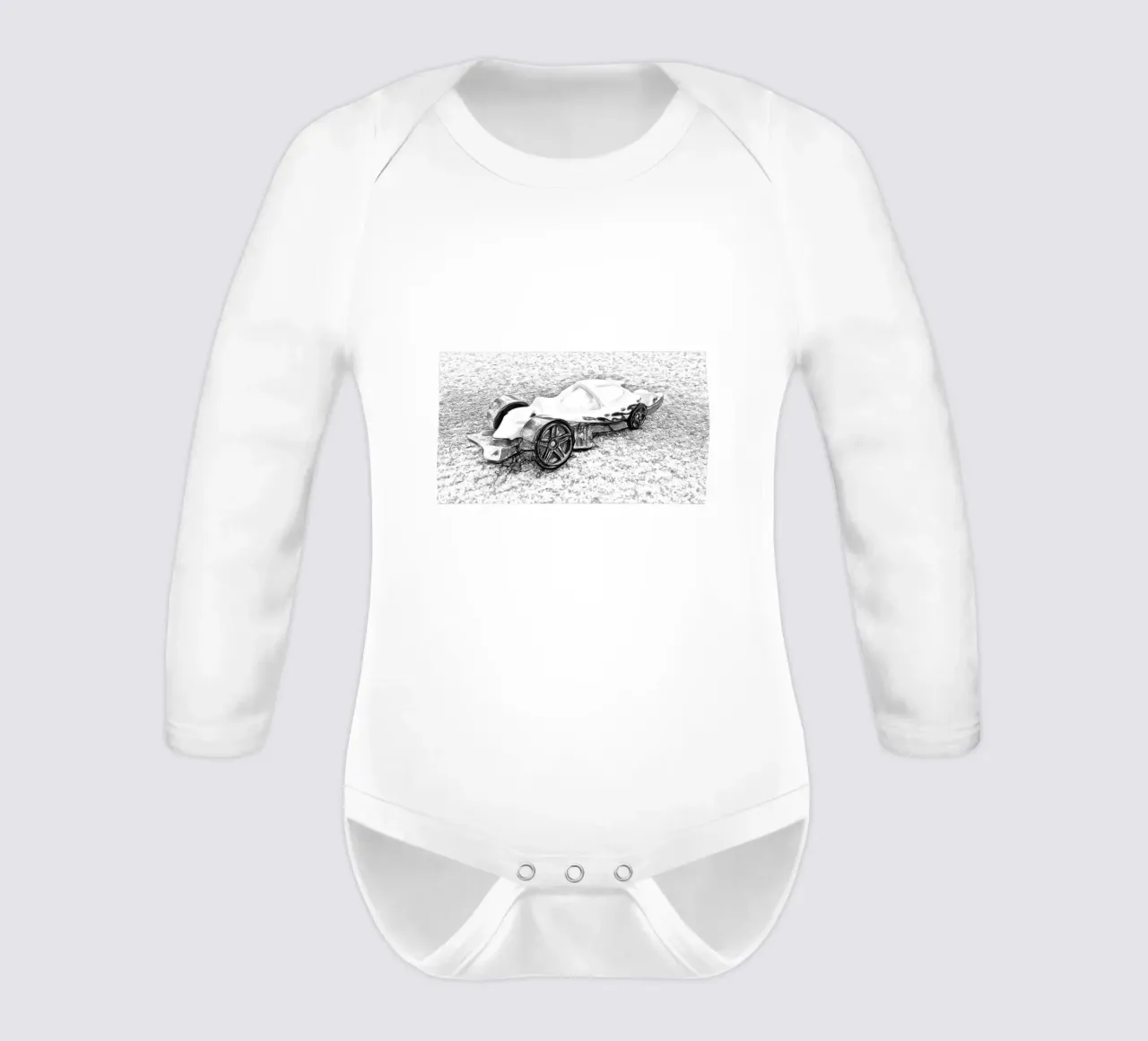 A car long-sleeve baby romper by Massimo Frascogna