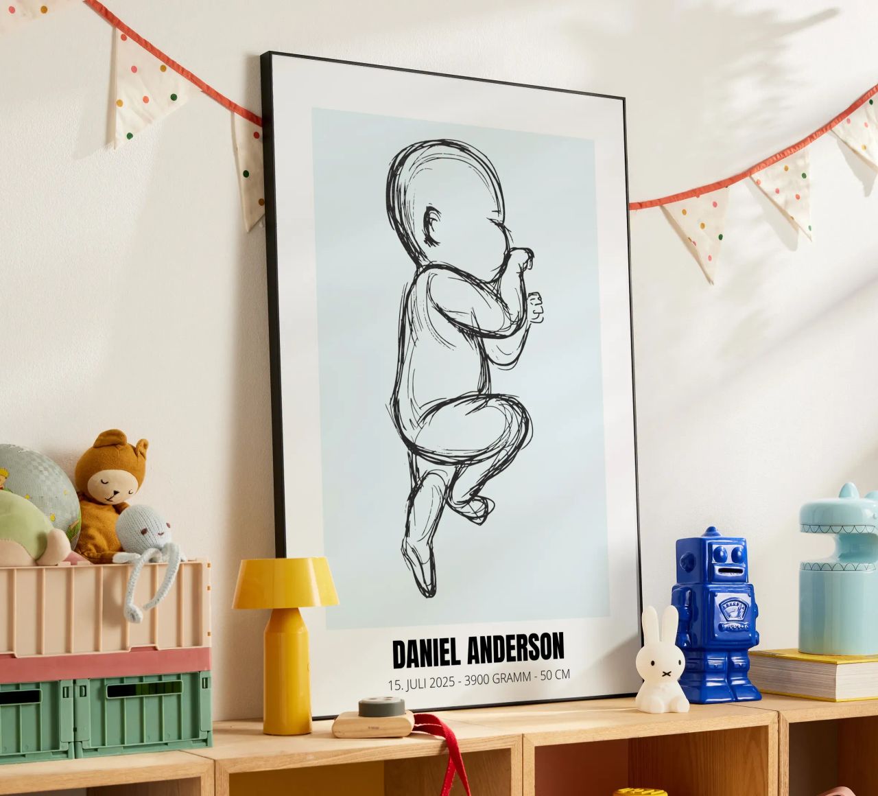 Dibujo de bebé con fechas - único y personal aluminio dibond de FRAMELY