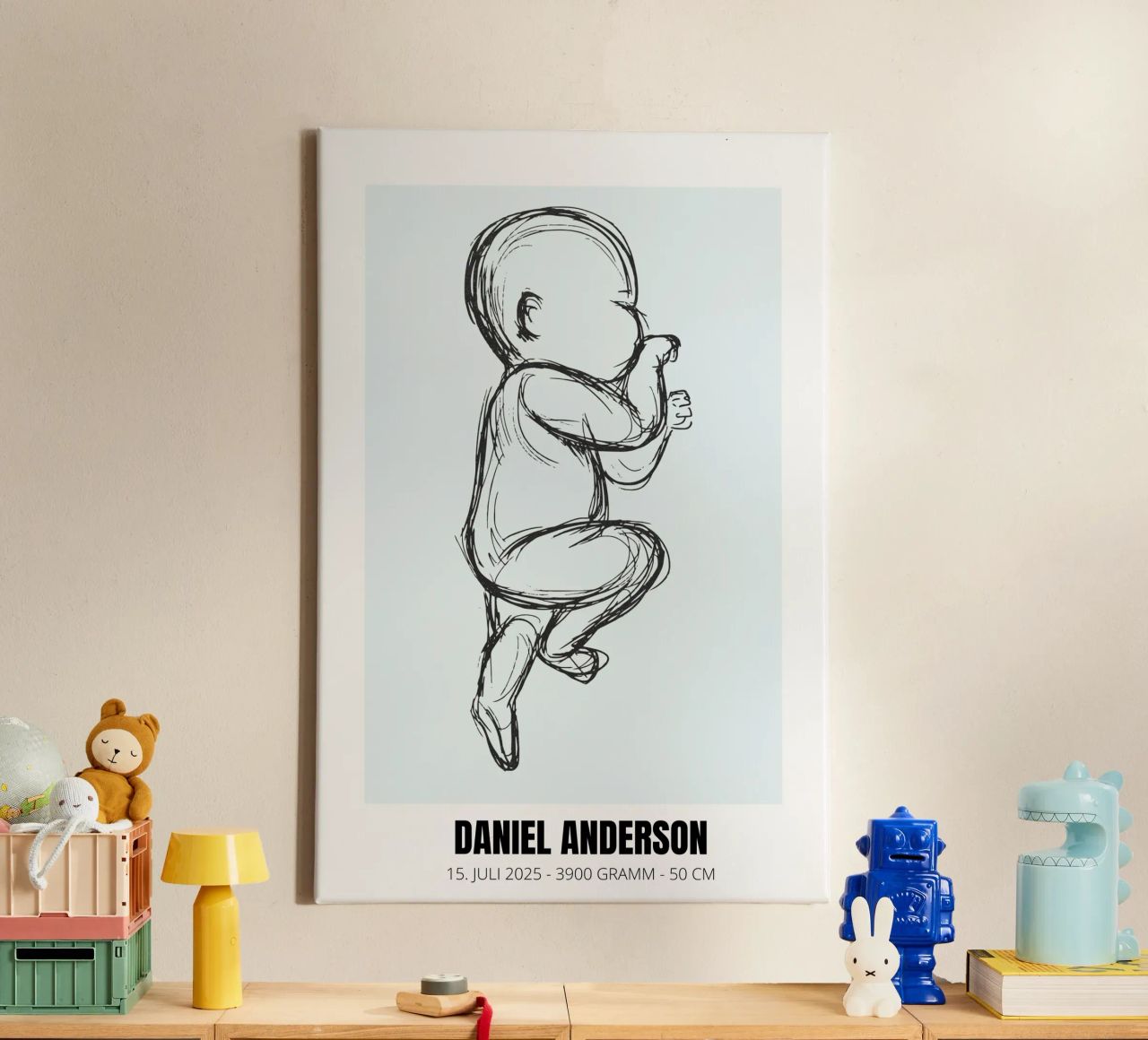 Baby drawing with dates - unique & personal canvas by FRAMELY