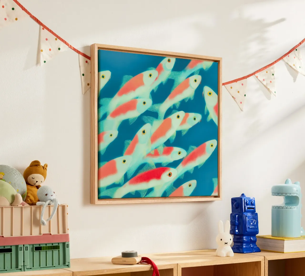 Fish swim to the magic light | Square version canvas with Floater frame by Autofocus