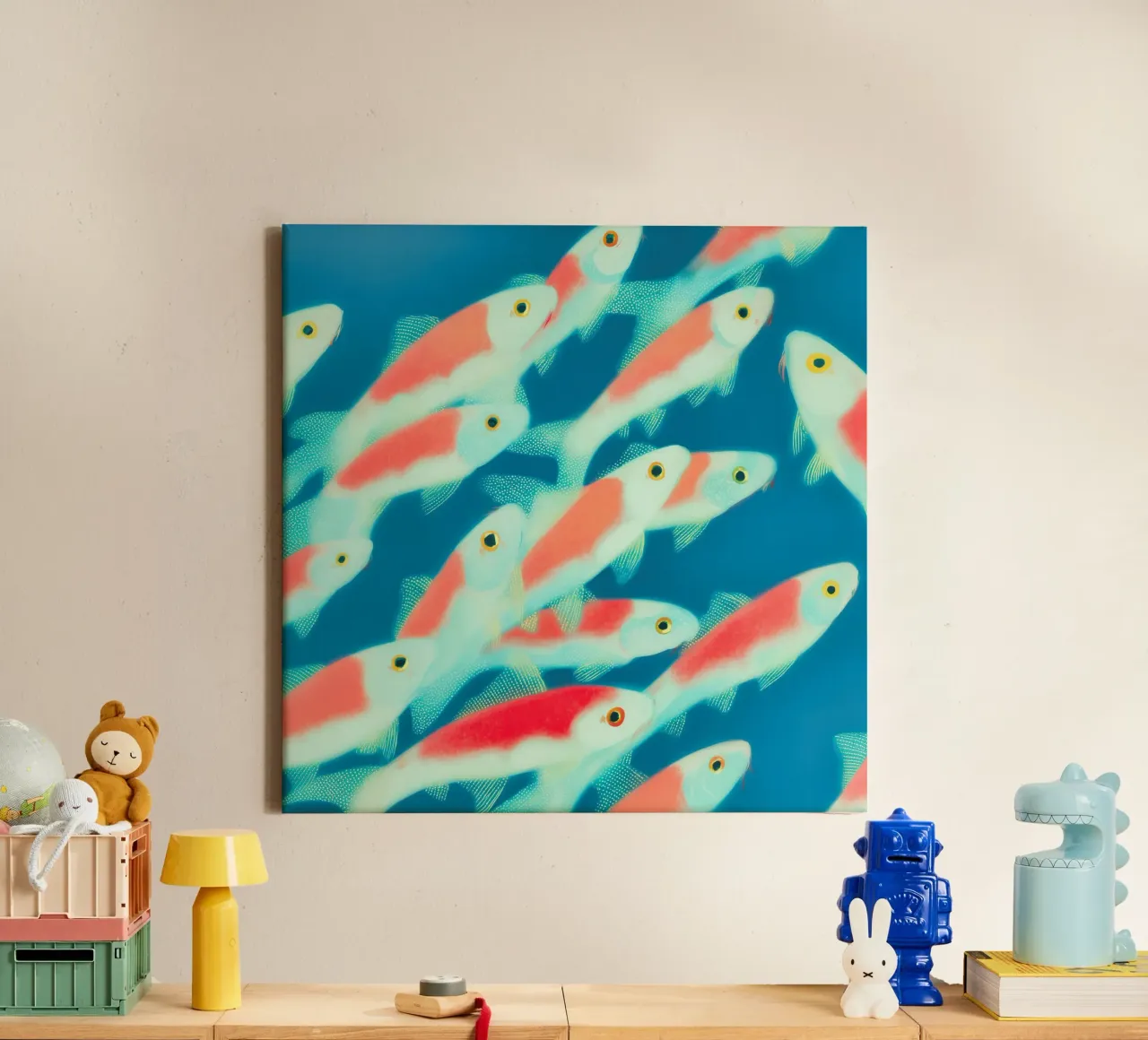 Fish swim to the magic light | Square version canvas with Floater frame by Autofocus