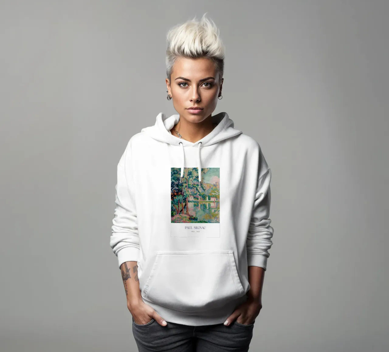 Signac Les Andelys Pointillist River Landscape Print hoodie by NorwesClub