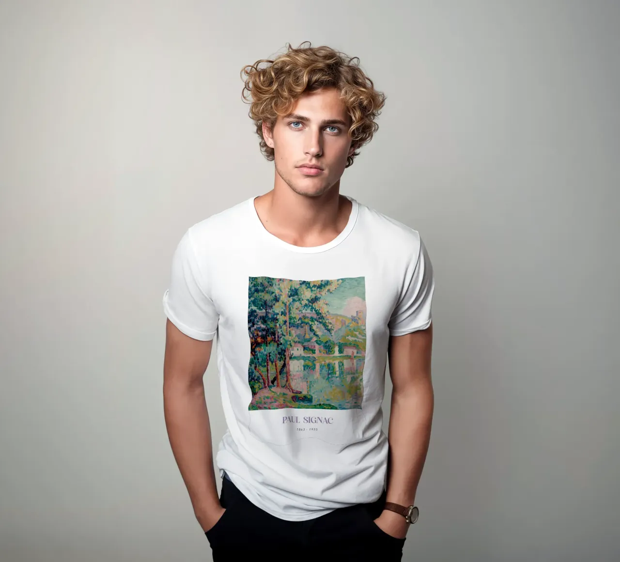 Signac Les Andelys Pointillist Rivierlandschap Print t-shirt van NorwesClub