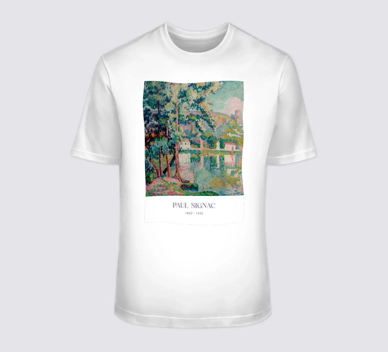 Signac Les Andelys Pointillist Rivierlandschap Print t-shirt van NorwesClub