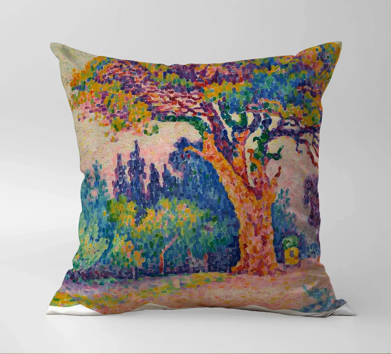 Signac Pine Tree St Tropez Pointillist Landscape Print decorative cushion by NorwesClub