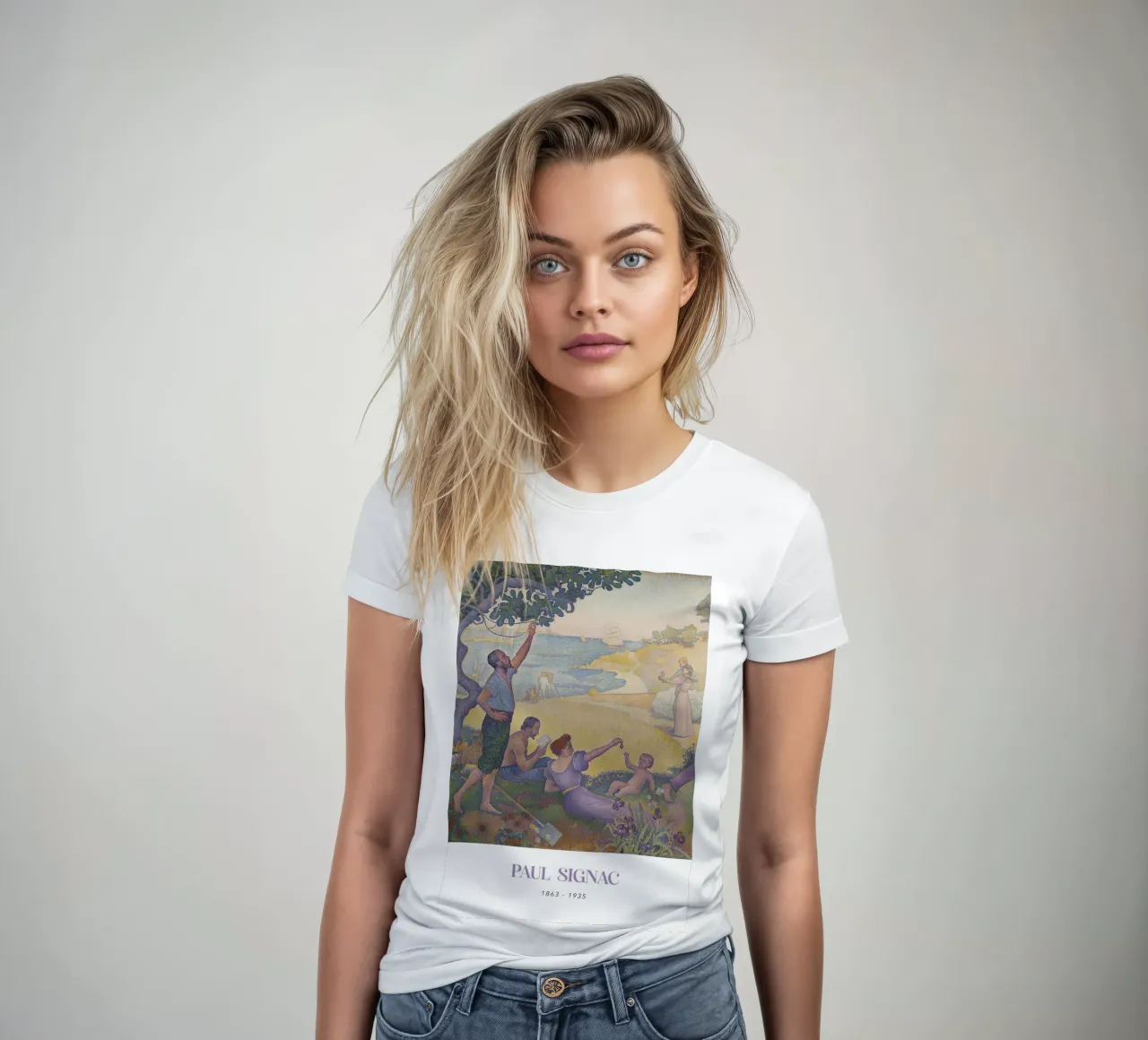 Signac Time of Harmony Pointillist Utopian Art Print women's fitted t-shirt by NorwesClub