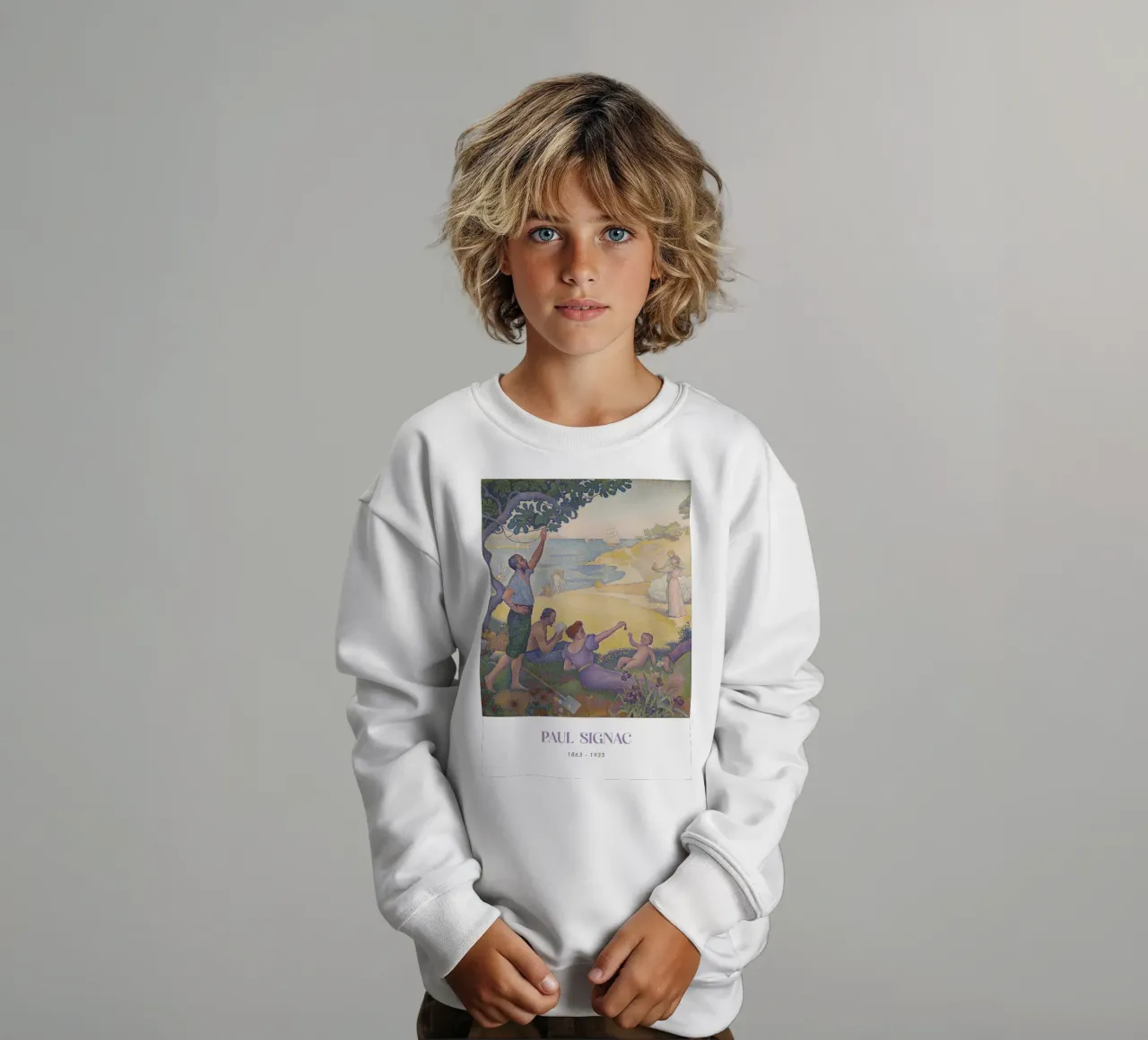 Signac Time of Harmony Pointillist Utopian Art Print kids sweatshirt by NorwesClub