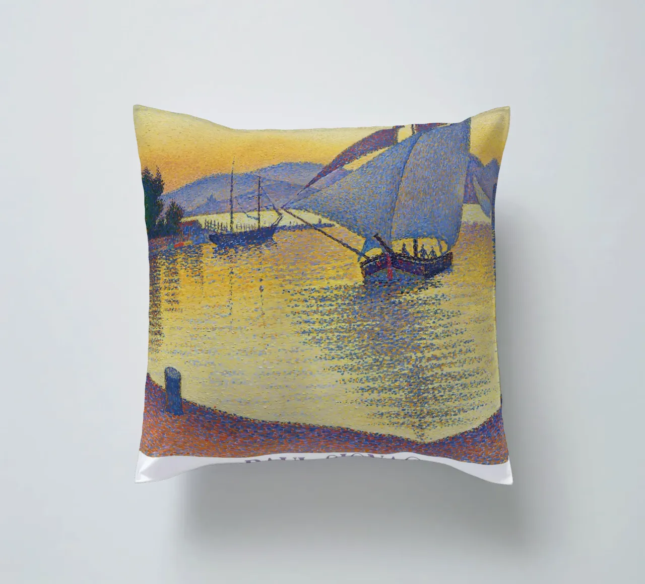 Signac Haven bij zonsondergang Pointillist Zeilboot Print kussen van NorwesClub