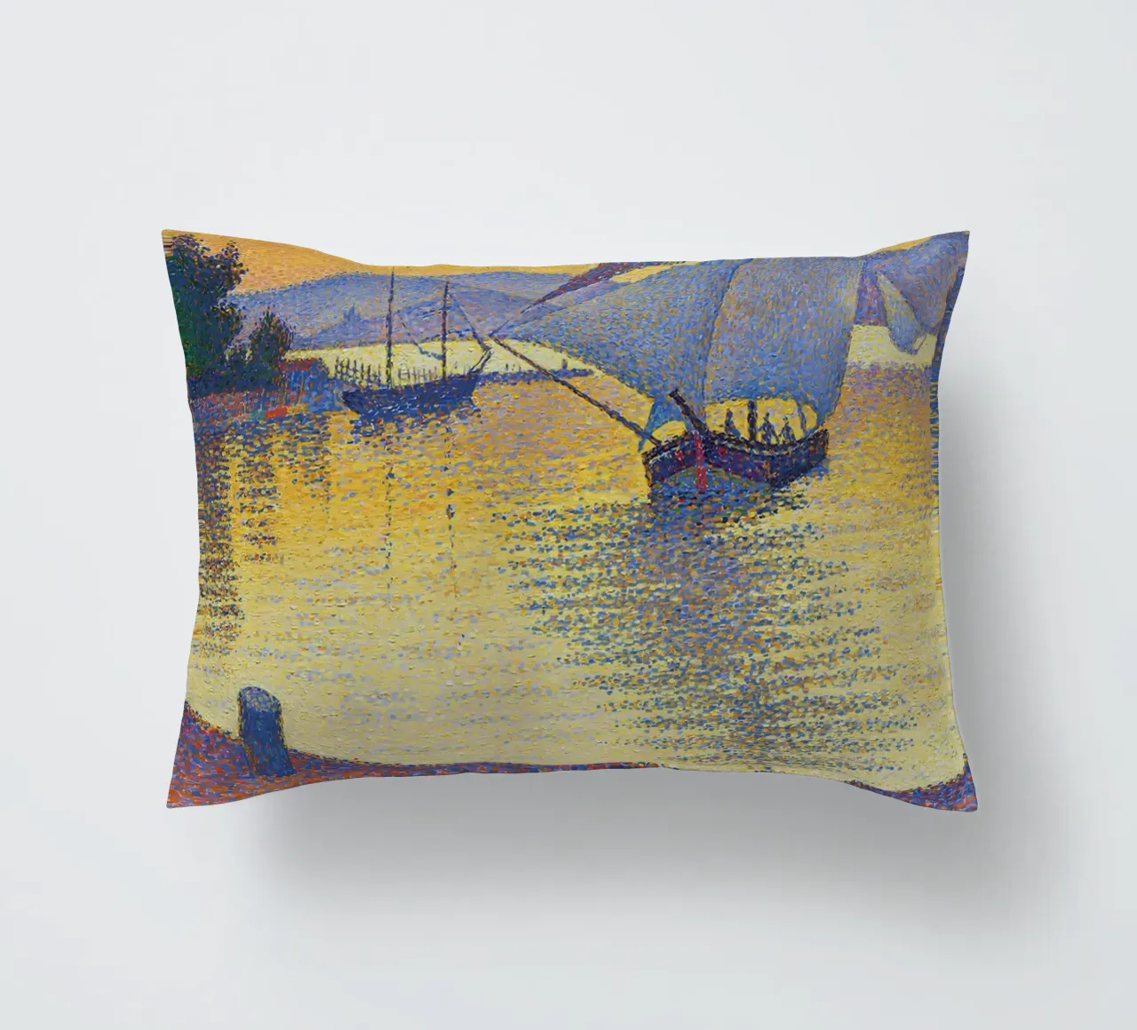 Signac Haven bij zonsondergang Pointillist Zeilboot Print kussen van NorwesClub