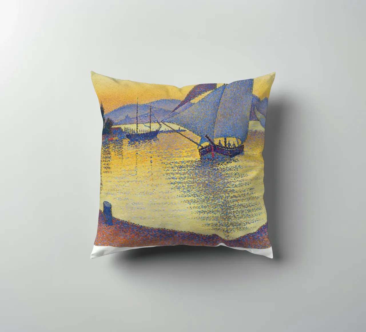 Signac Haven bij zonsondergang Pointillist Zeilboot Print kussen van NorwesClub