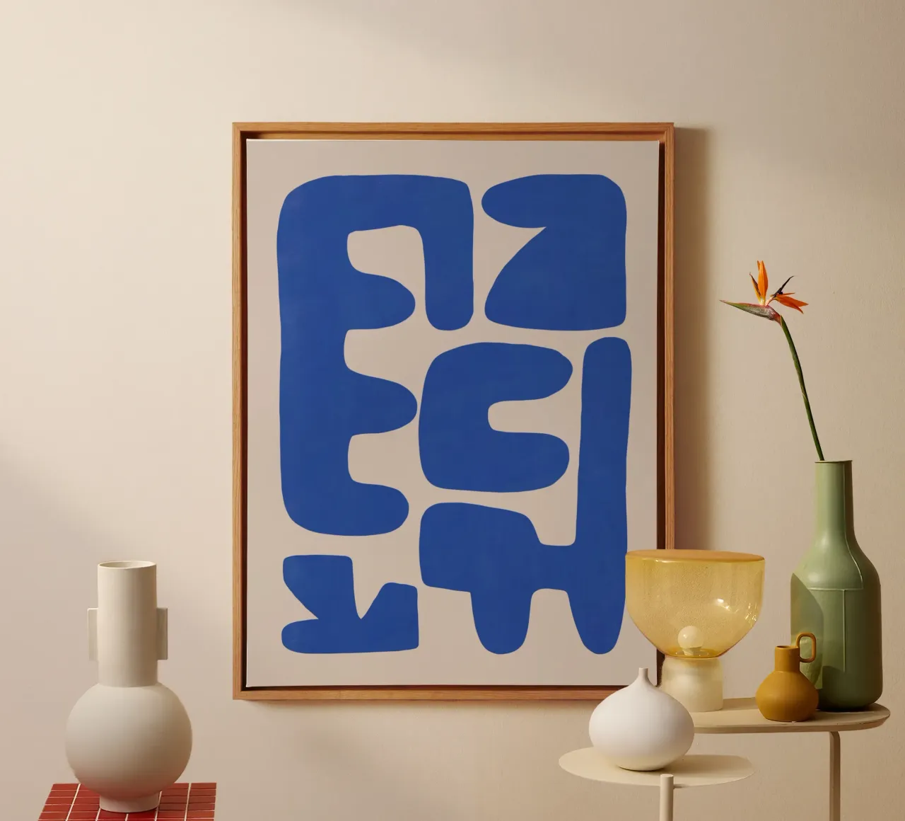 Onregelmatige vorm schikking in blauw canvas met Baklijst van Little Dean