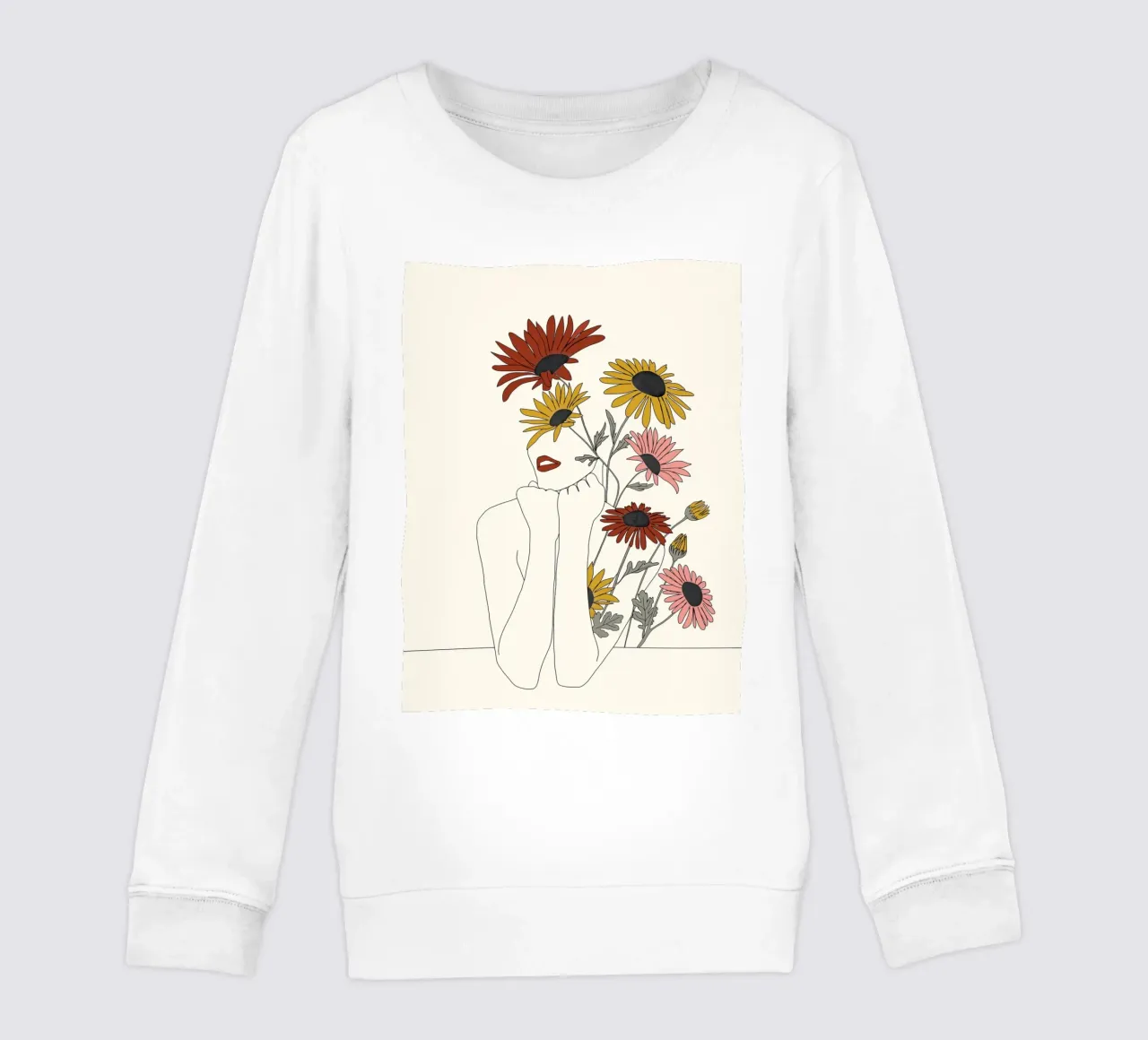 Colorful Thoughts Minimal Line Girl with Sunflowers felpa bambino da Nadjaa