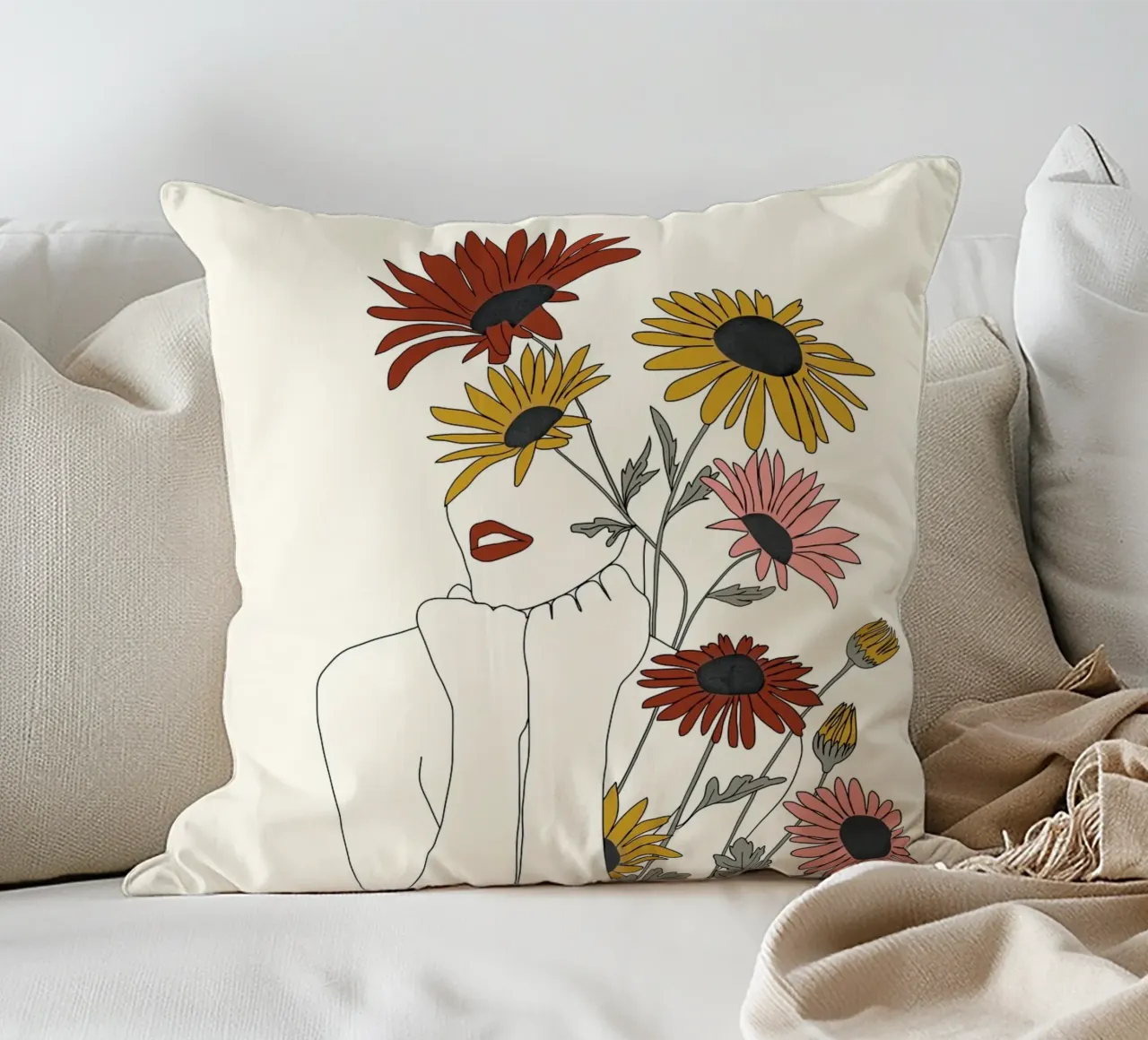 Colorful Thoughts Minimal Line Girl with Sunflowers cuscino da Nadjaa