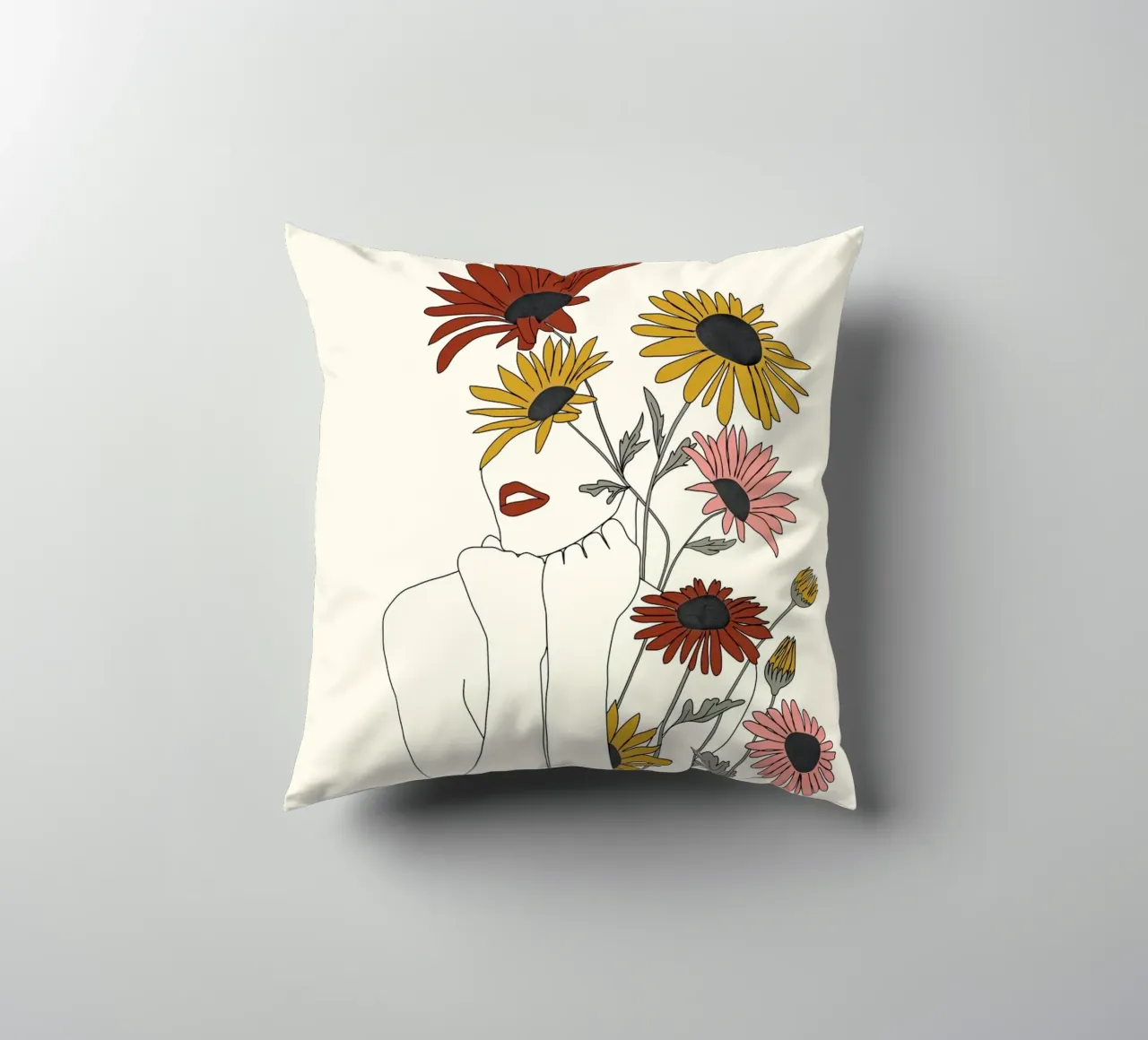 Colorful Thoughts Minimal Line Girl with Sunflowers cuscino da Nadjaa