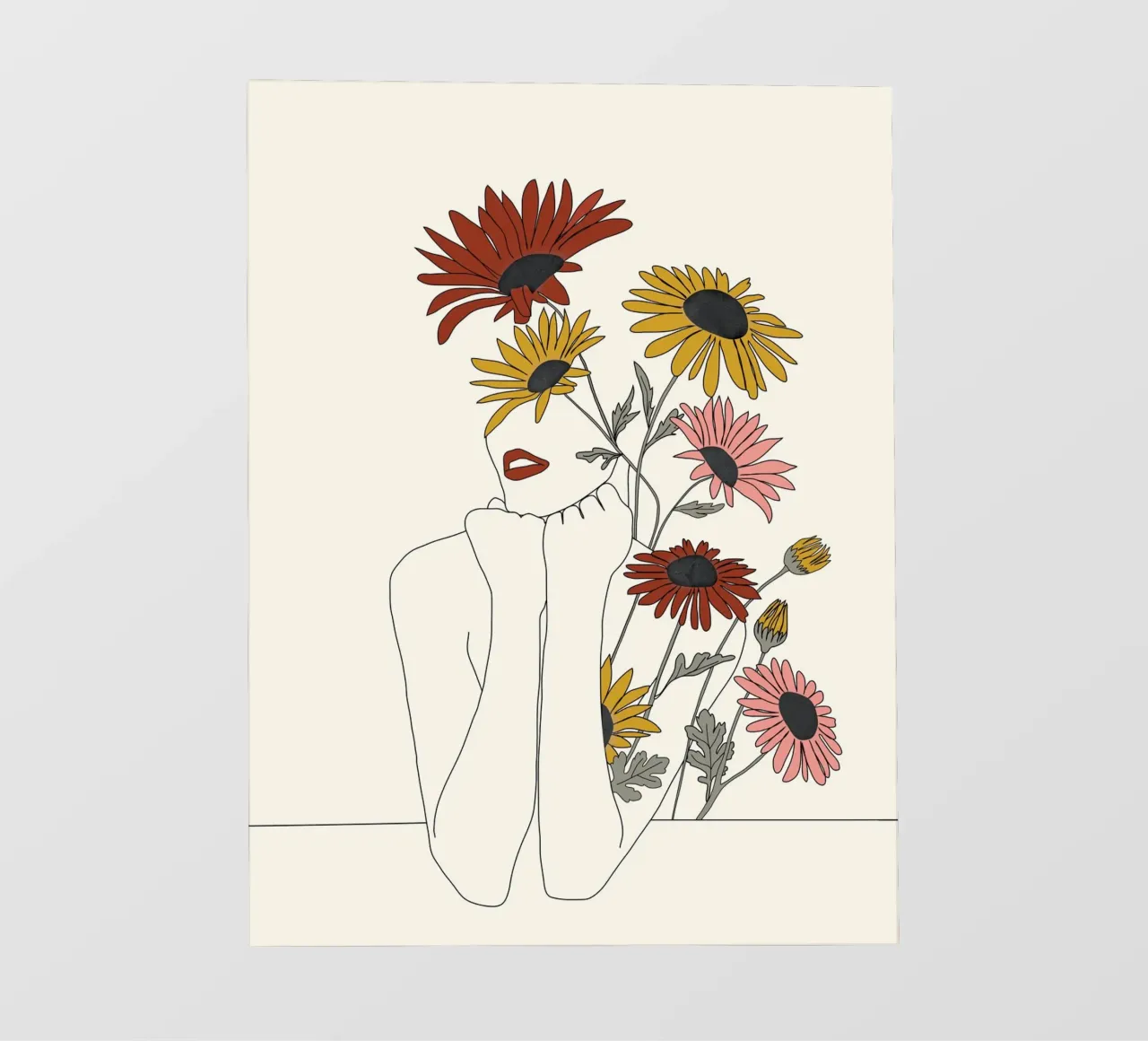 Colorful Thoughts Minimal Line Girl with Sunflowers pellicola backlit da Nadjaa