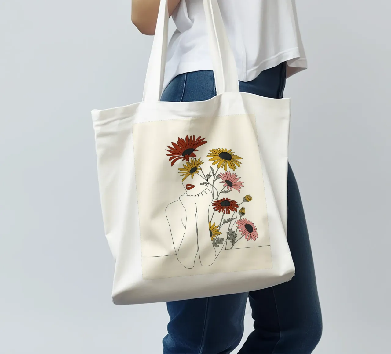 Colorful Thoughts Minimal Line Girl with Sunflowers tote bag by Nadjaa