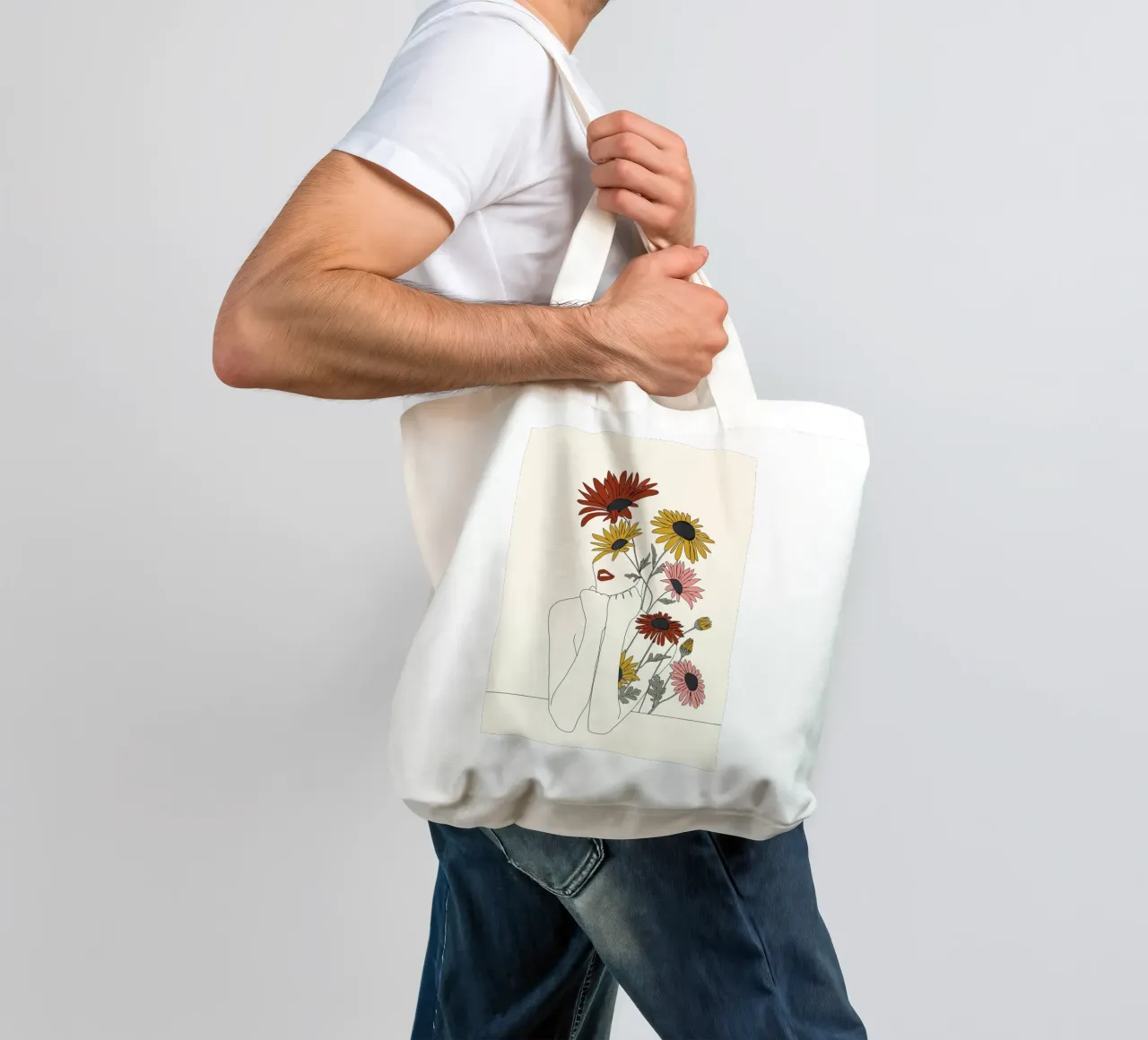 Colorful Thoughts Minimal Line Girl with Sunflowers tote bag by Nadjaa